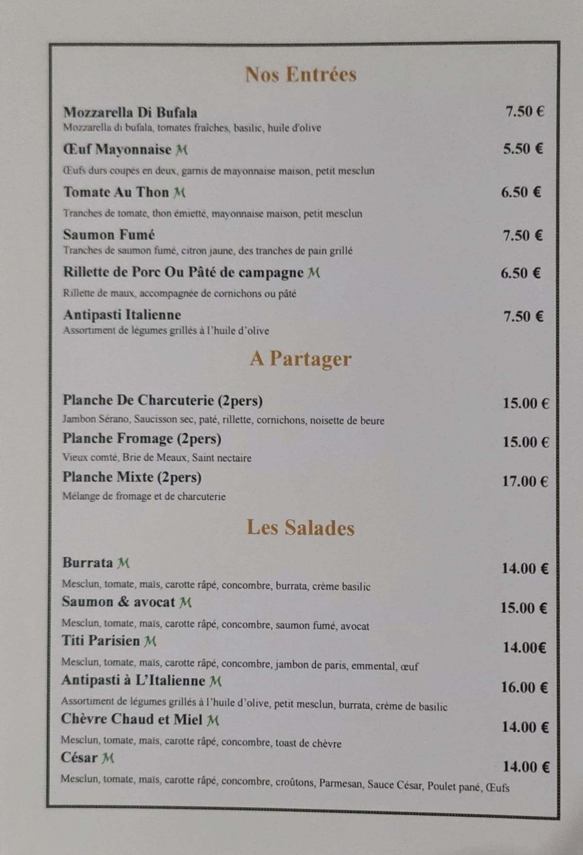 La maison des Laitières menu