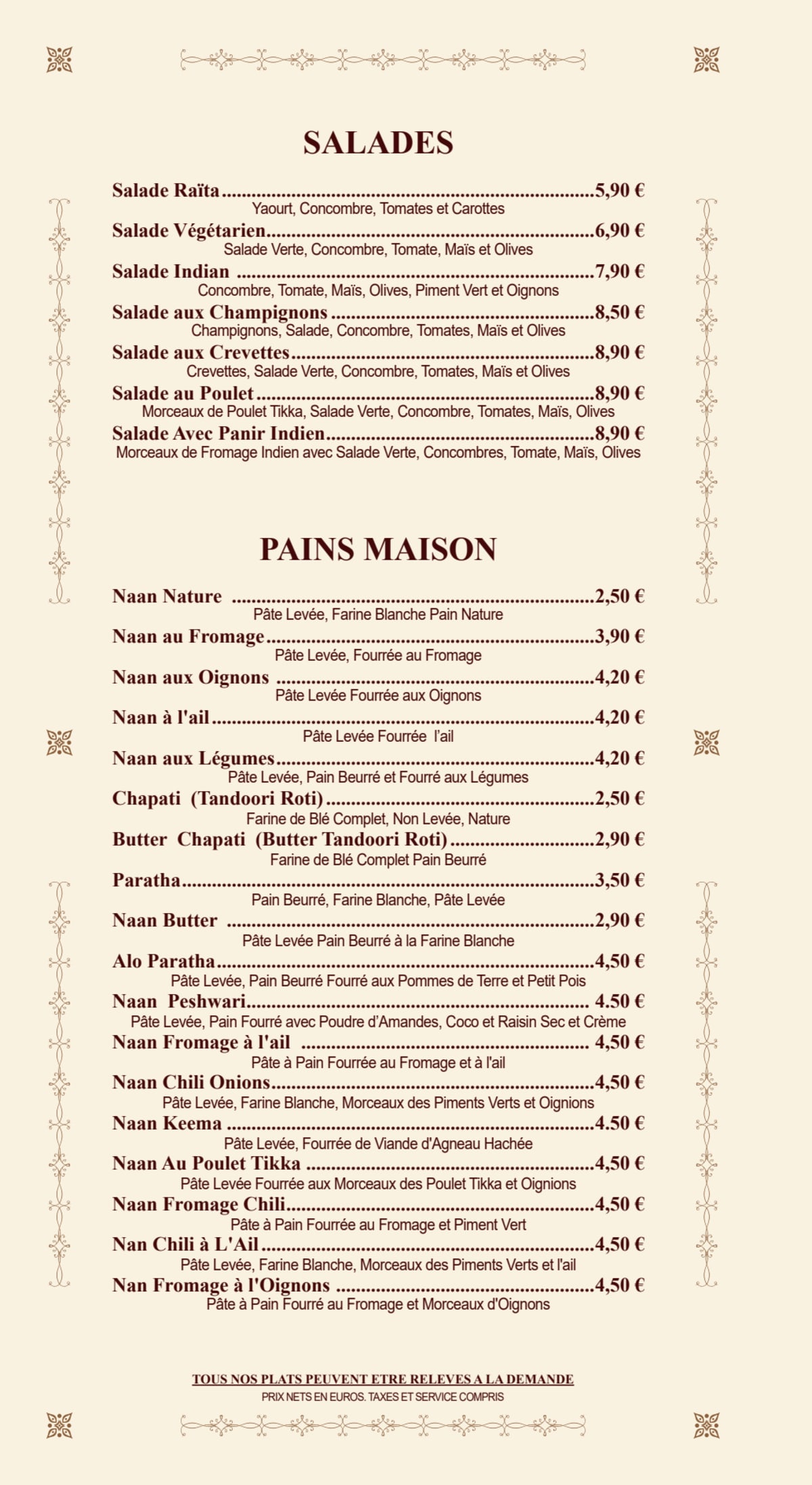 Taj Mahal Paris menu