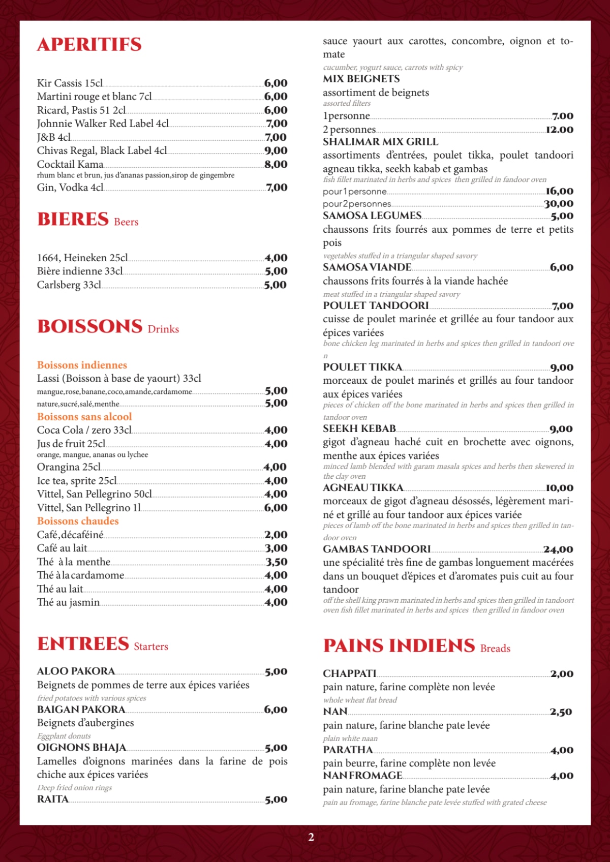 Shalimar menu