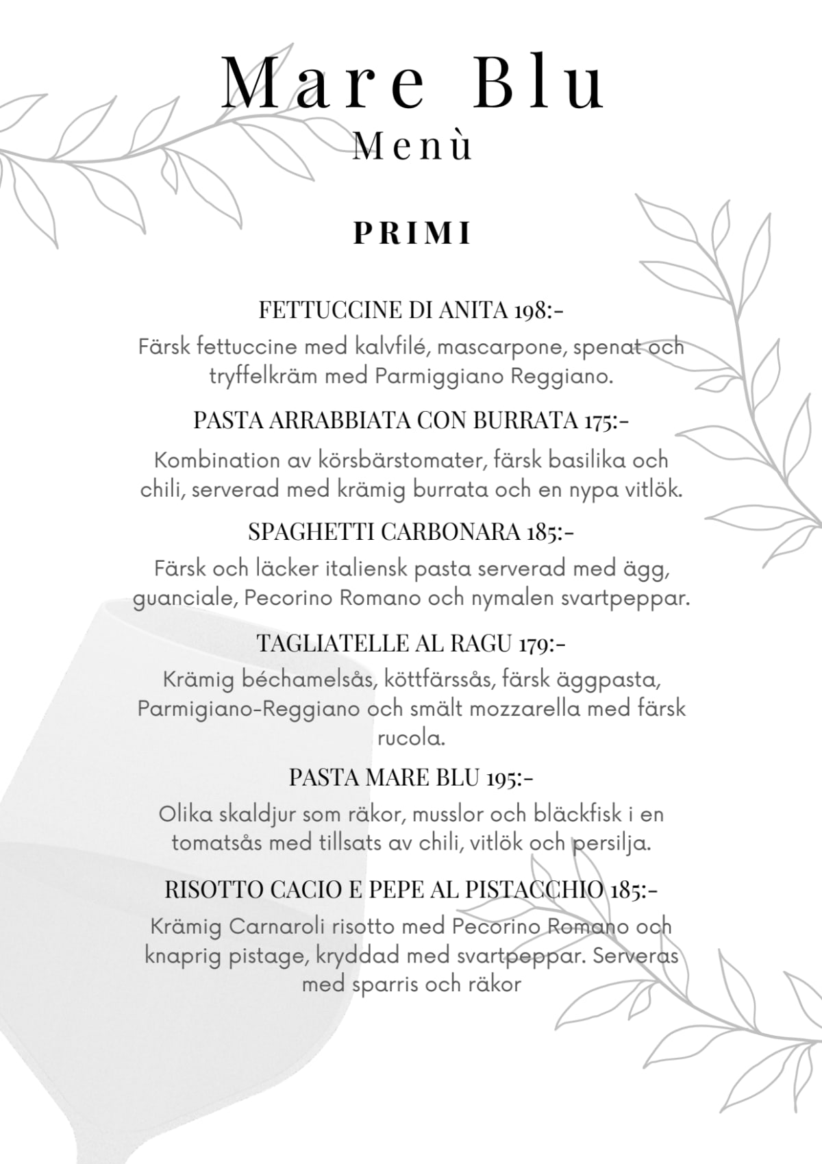 Restaurang Mare Blu menu