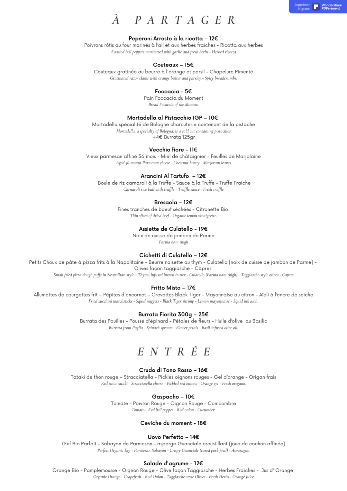 Menu 2023 A Braccetto in Paris TheFork