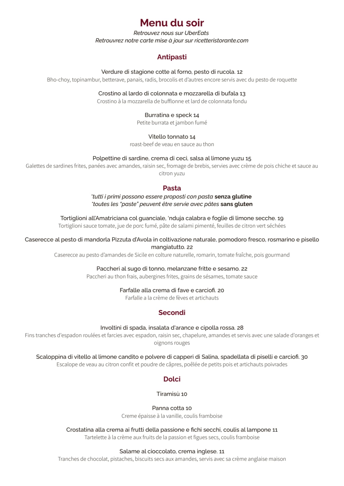 Ricette Ristorante menu