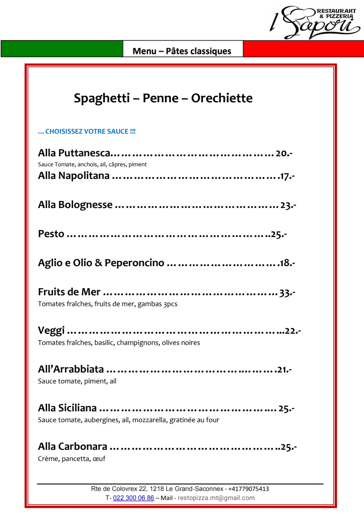 I Sapori Restaurant & Pizzeria menu