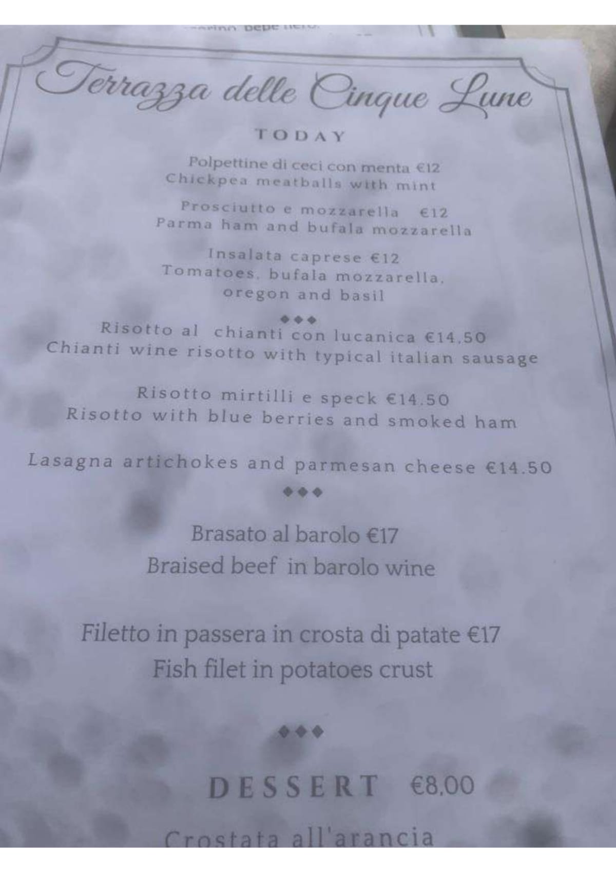 Menù completo e carta 2023 Terrazza delle 5 Lune a Roma TheFork