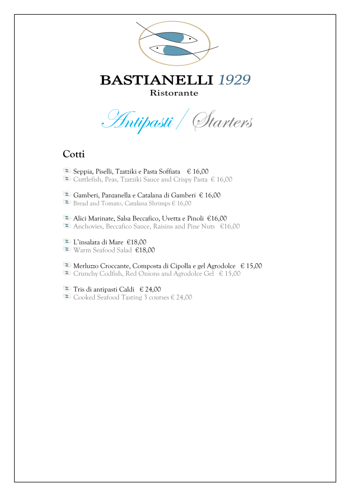 Ristorante Bastianelli dal 1929 menu