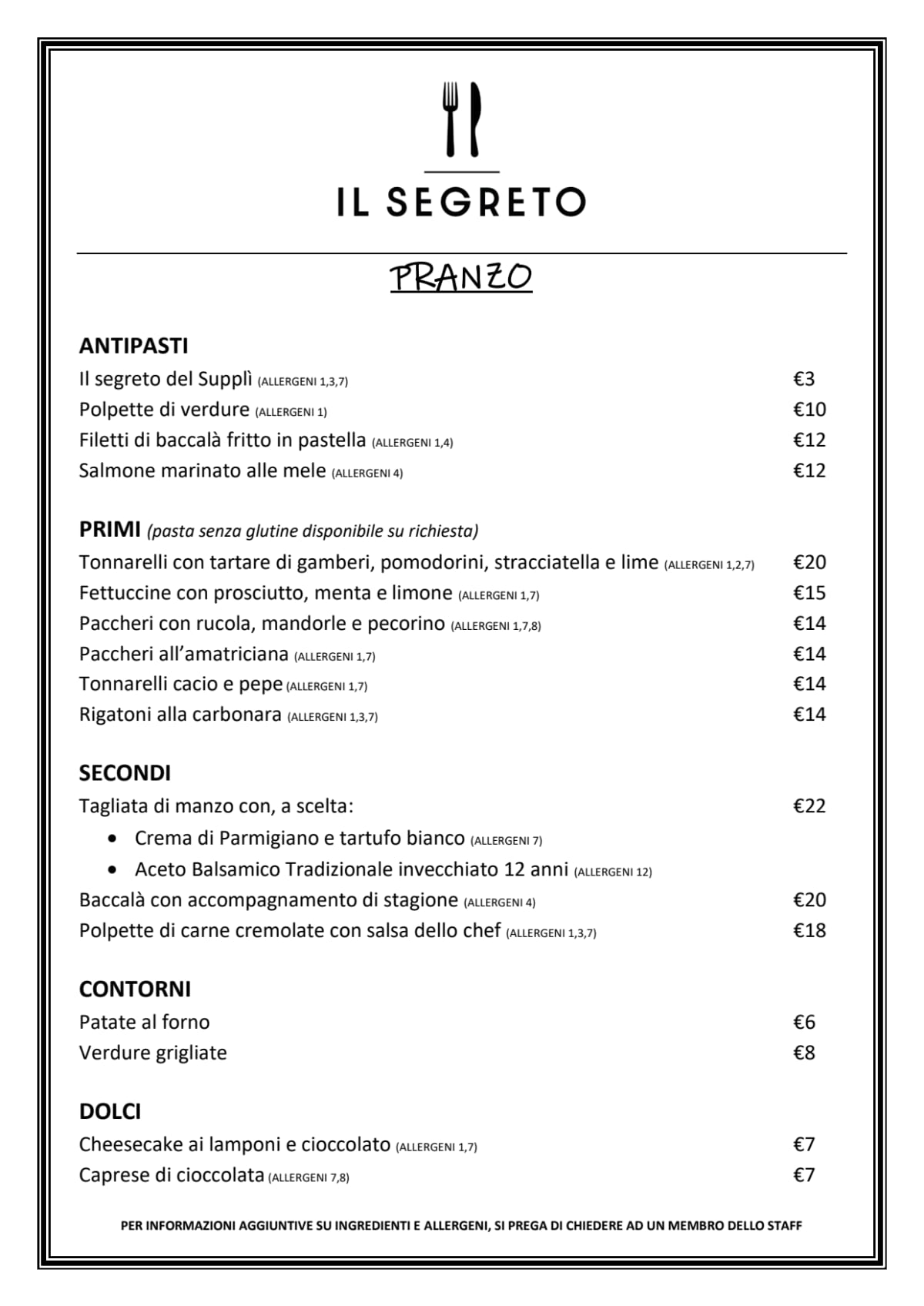 Il Segreto menu