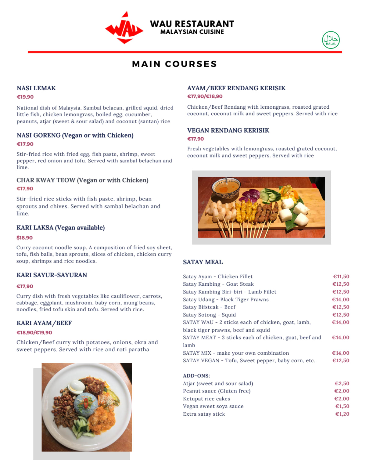 Malaysian restaurant Wau menu