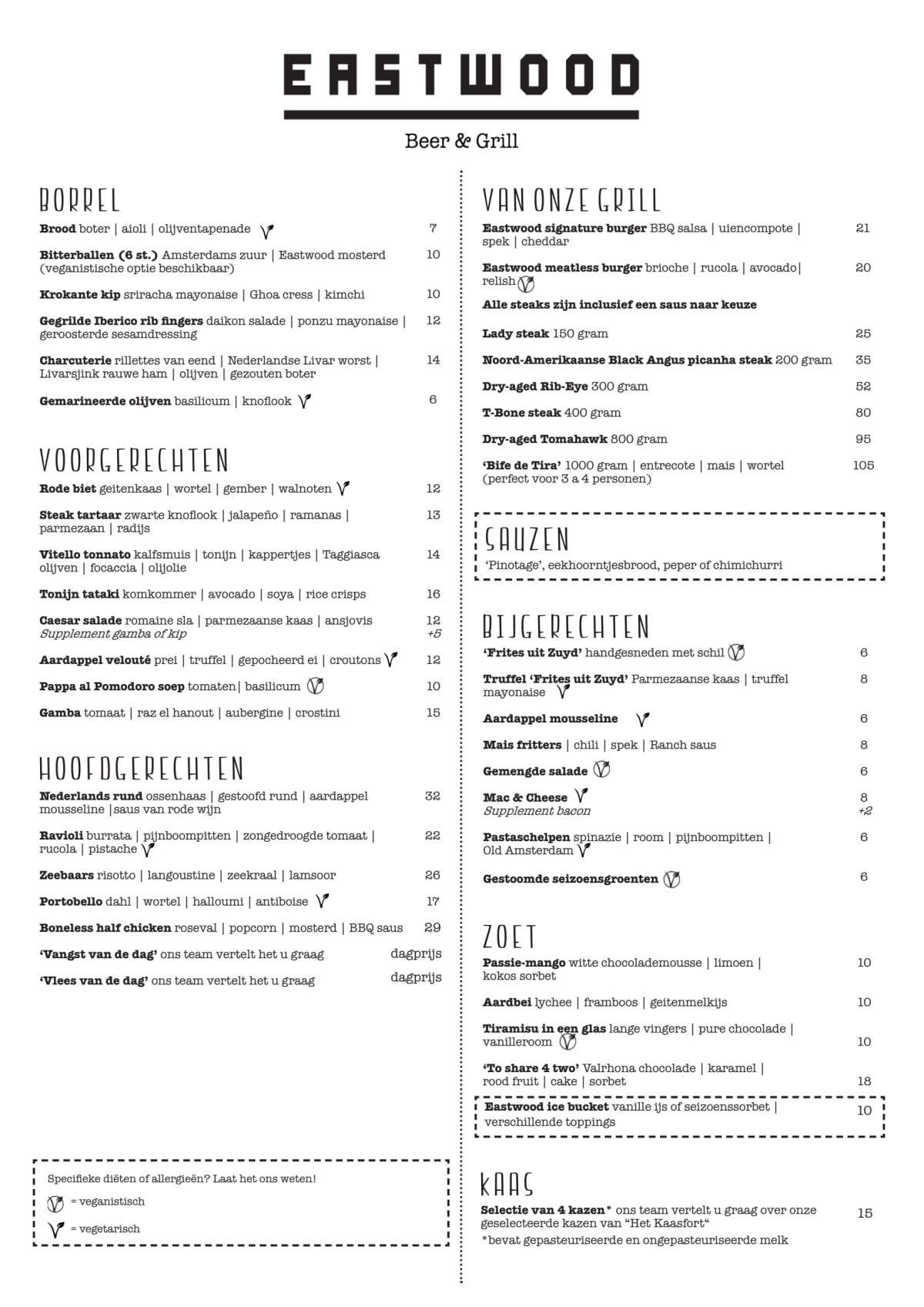 Eastwood Beer & Grill menu