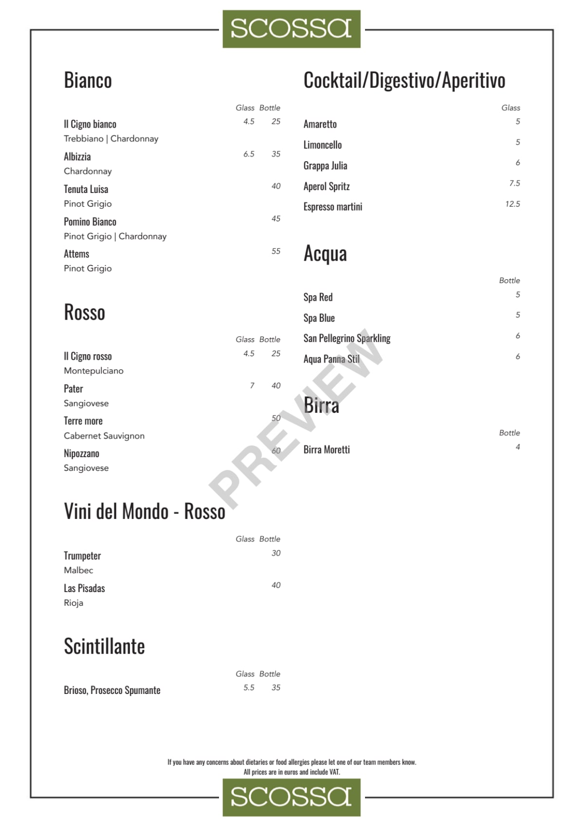 Scossa menu