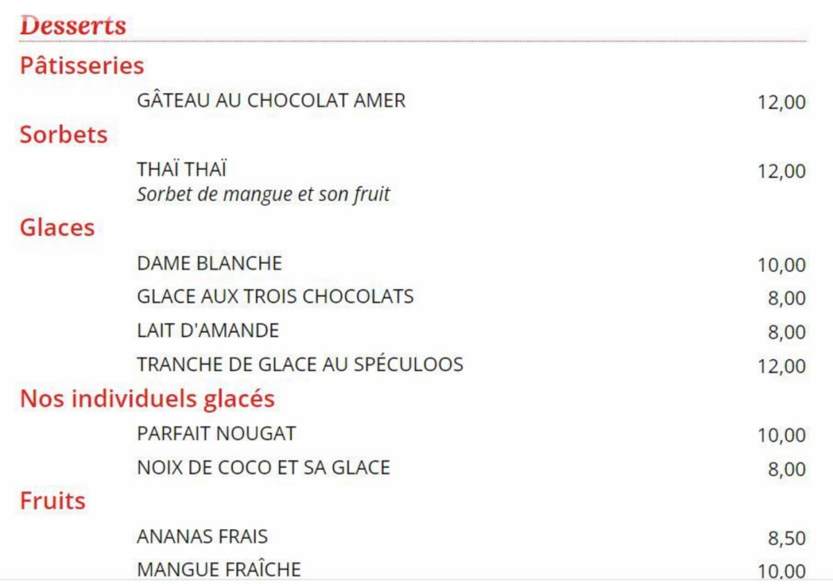 Les Larmes du tigre menu