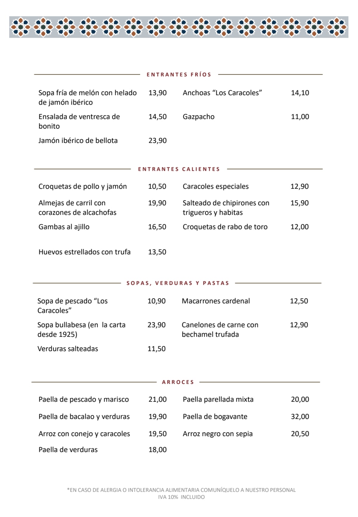 Los Caracoles menu