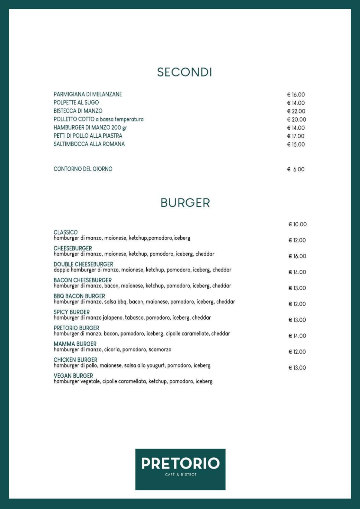 Pretorio Cafè & Bistrot menu
