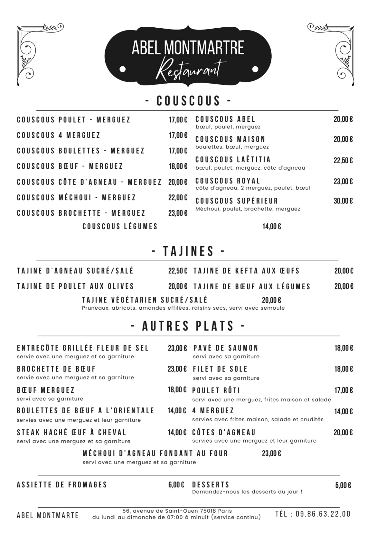 Abel Montmartre menu