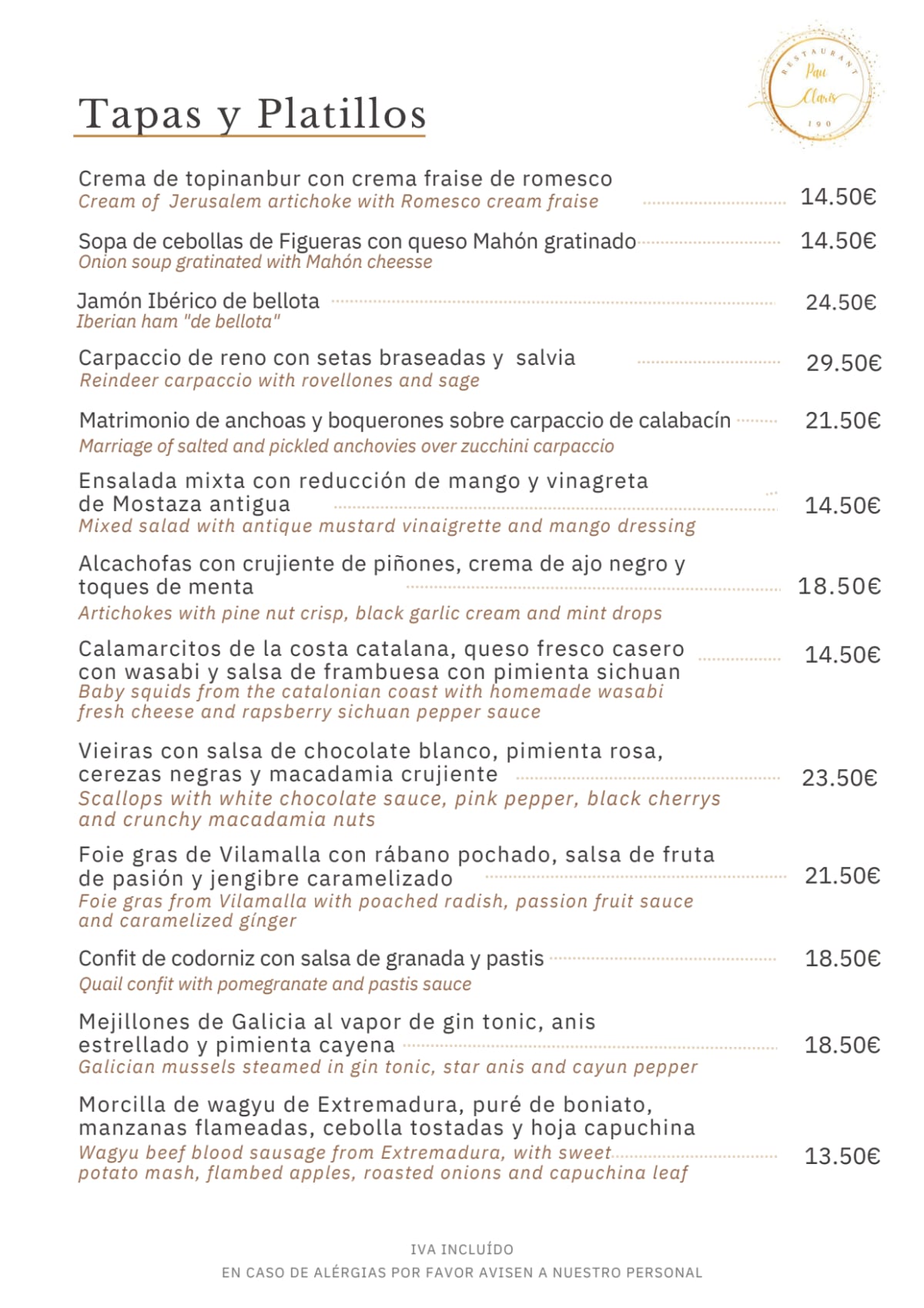 Pau Claris 190 menu