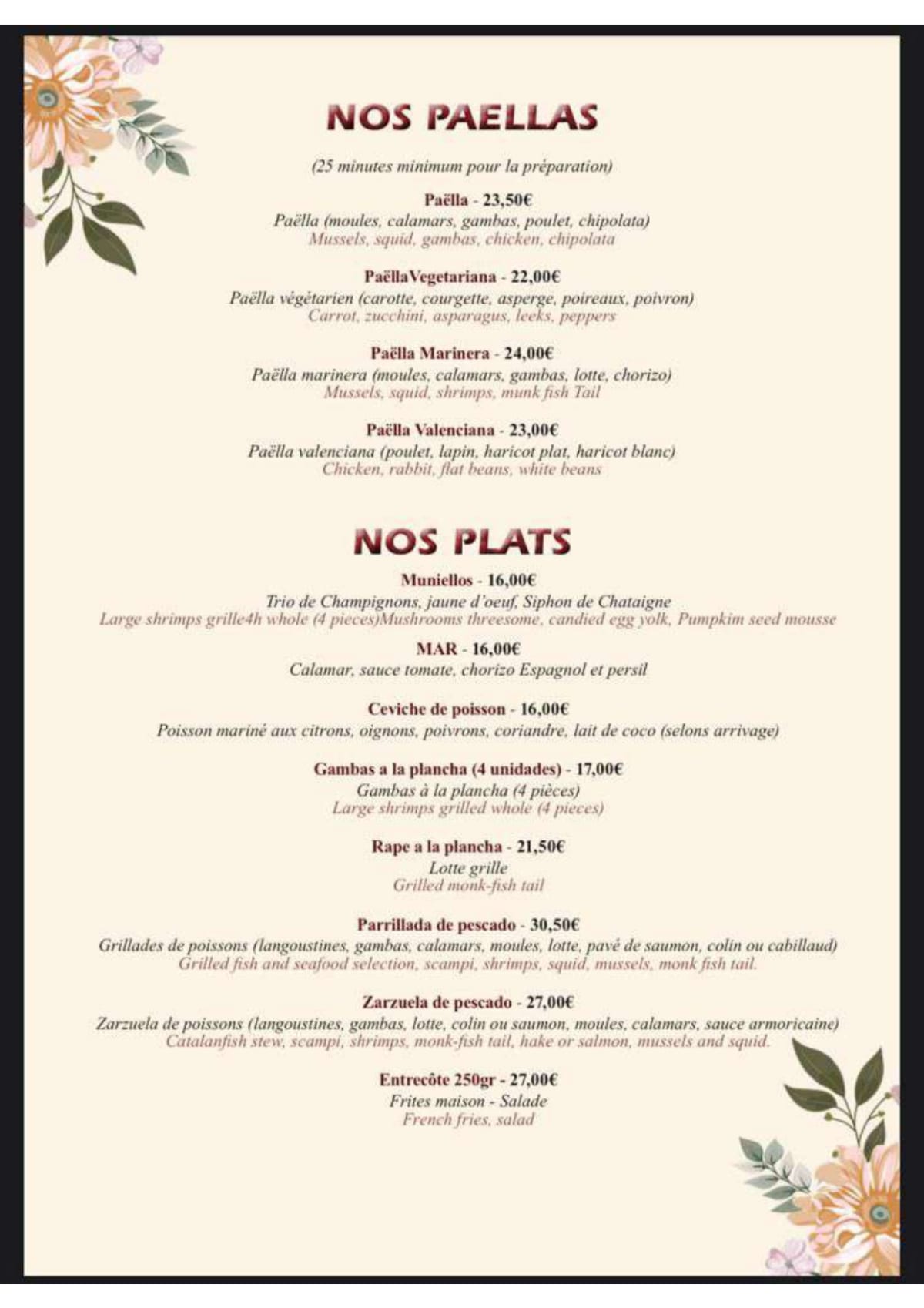 La Paella menu