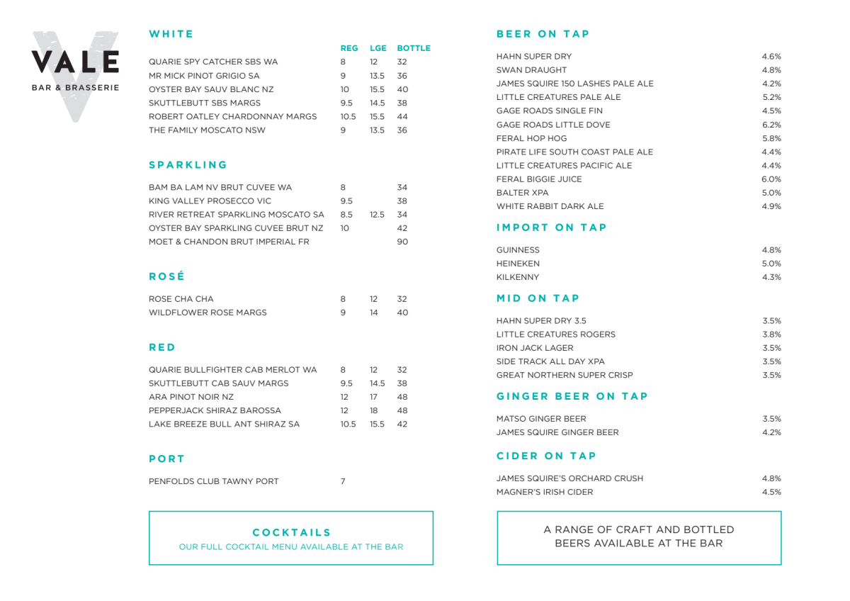 Carte et Menus 2023 The Vale Bar & Brasserie à Beeliar (WA) TheFork