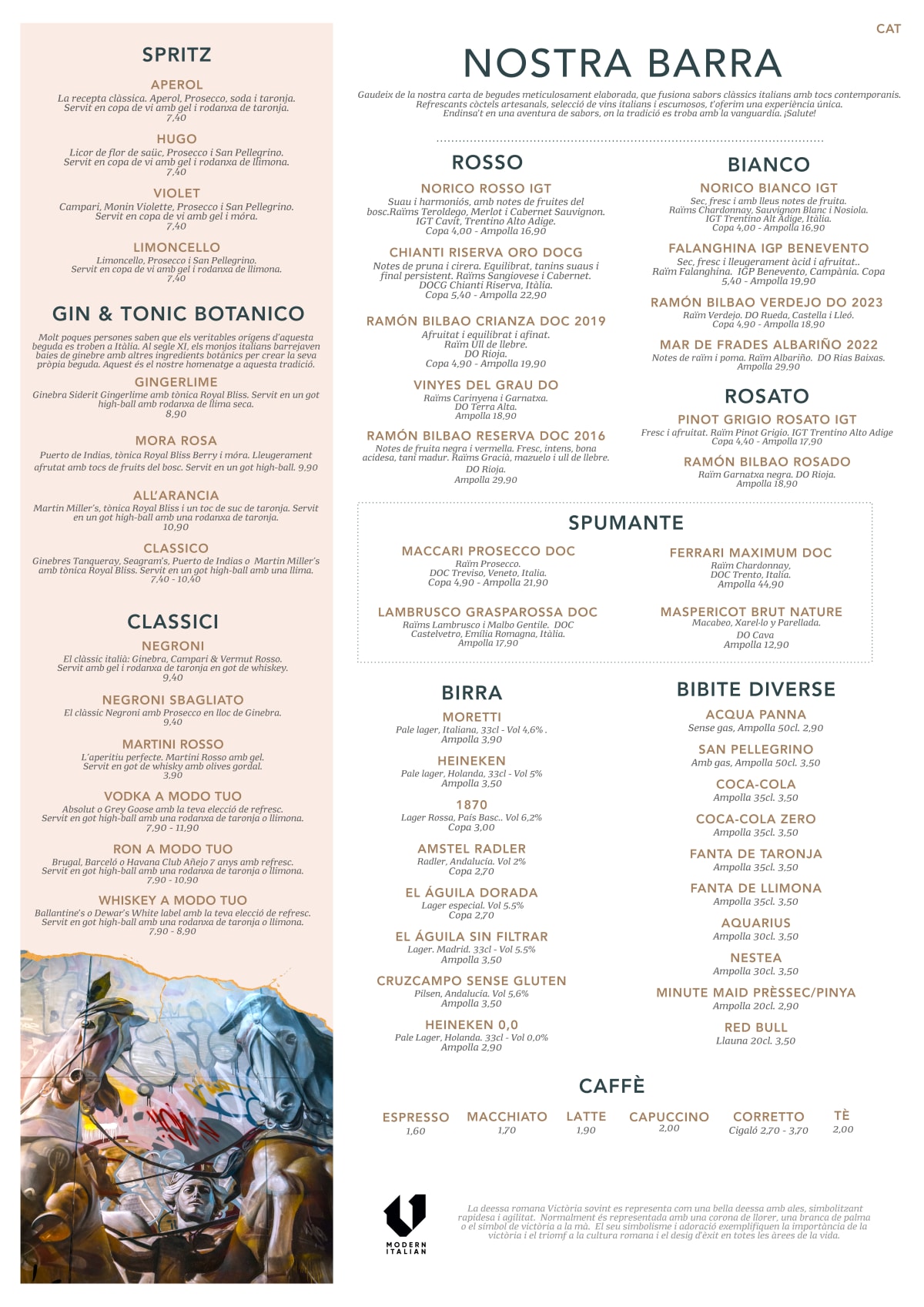 V Modern Italian menu