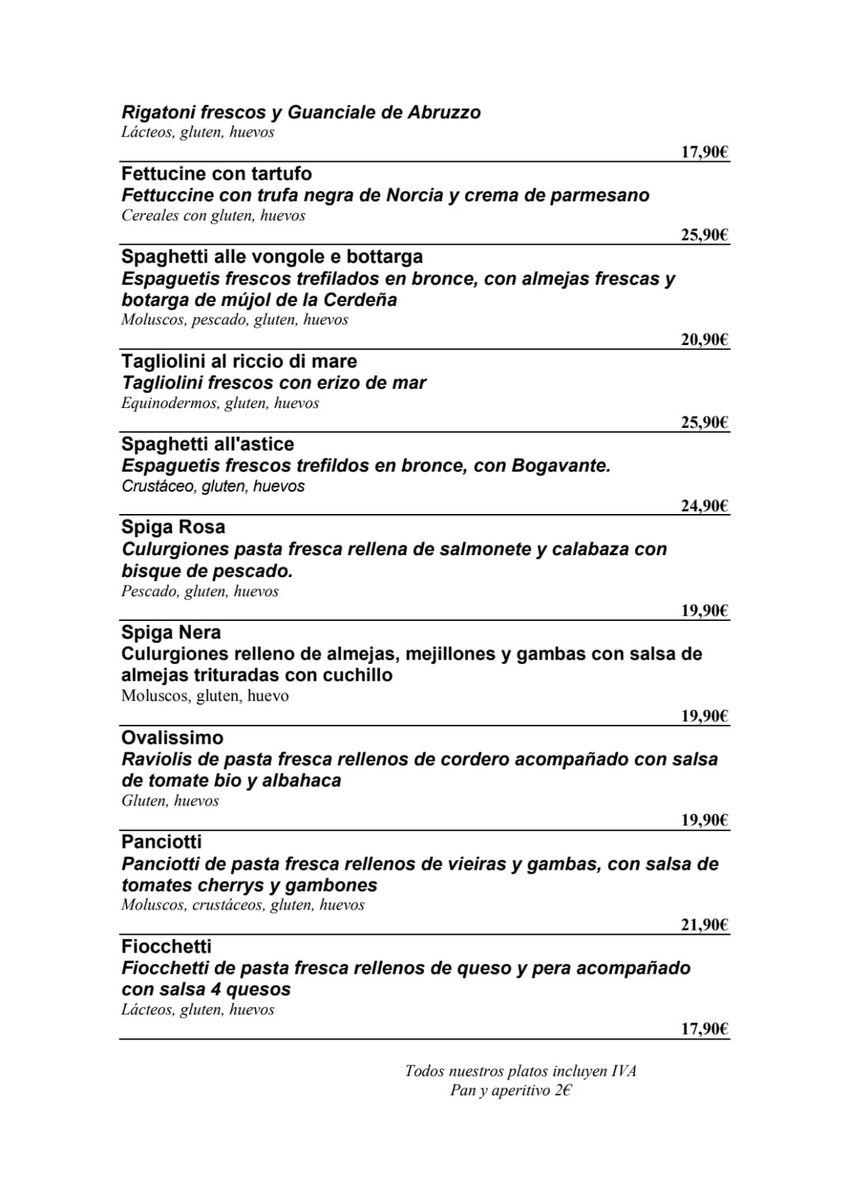 Metamorfosi italian Bar & Restaurant menu