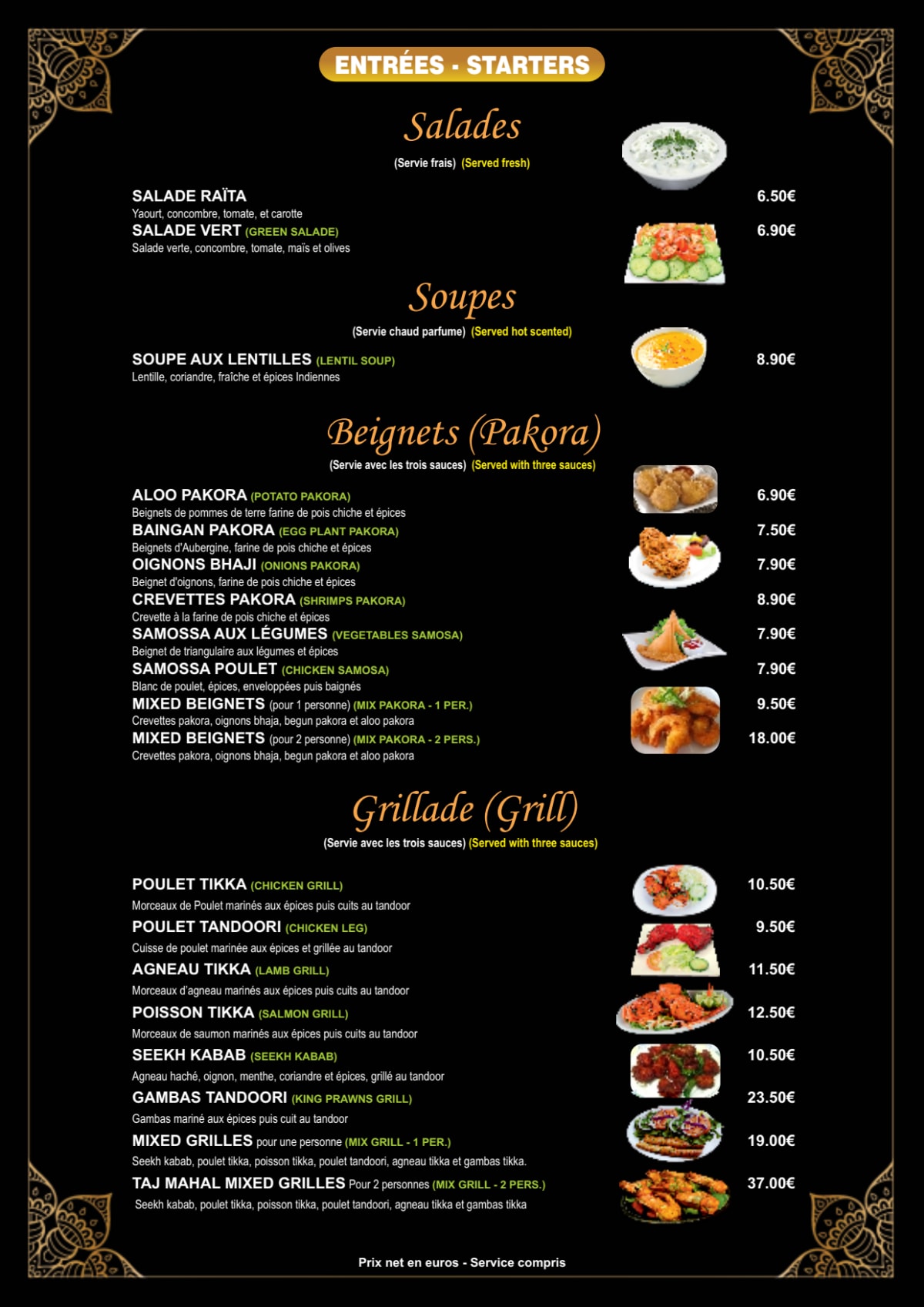 TAJ MAHAL PARIS menu