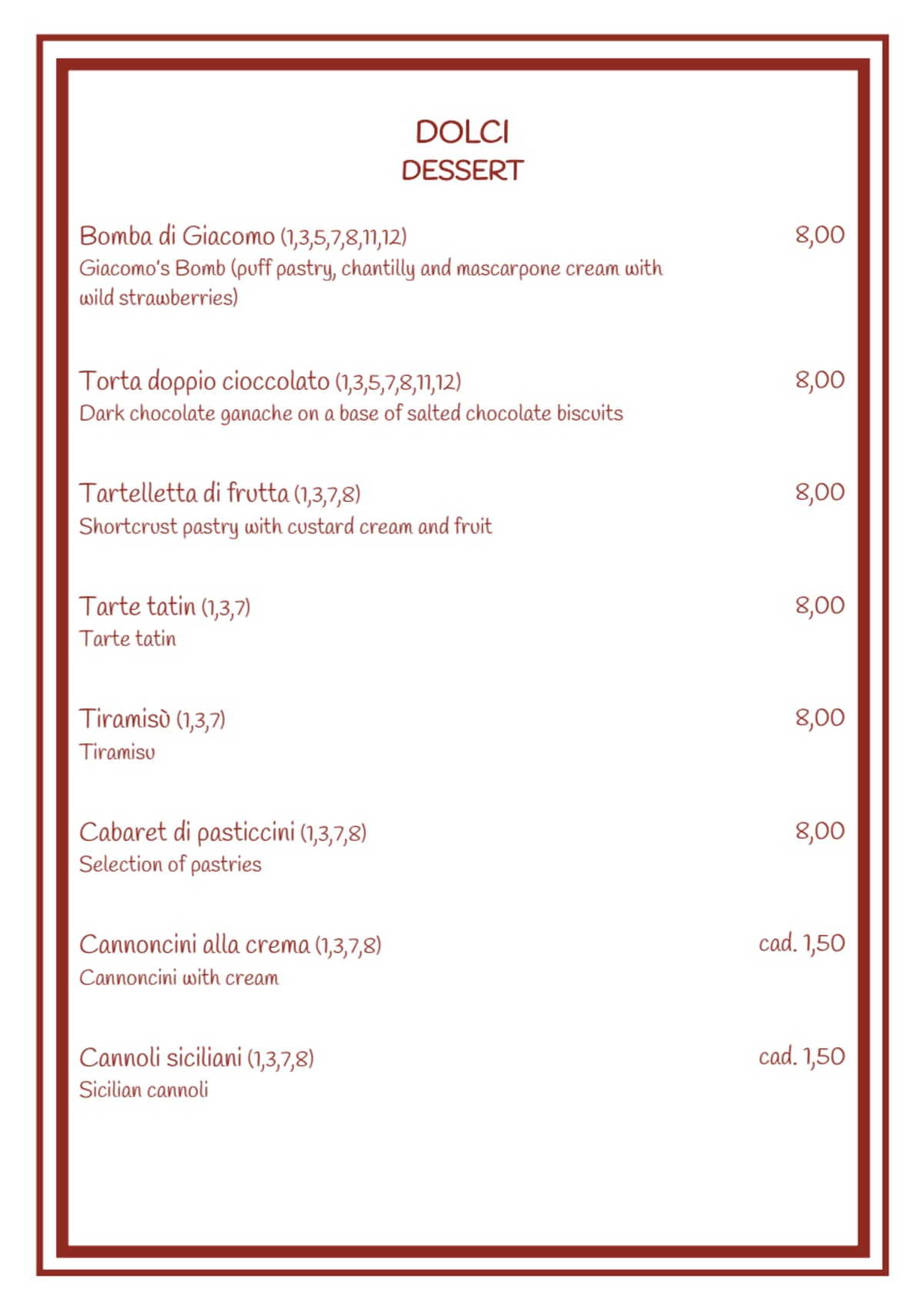 Giacomo Rosticceria menu