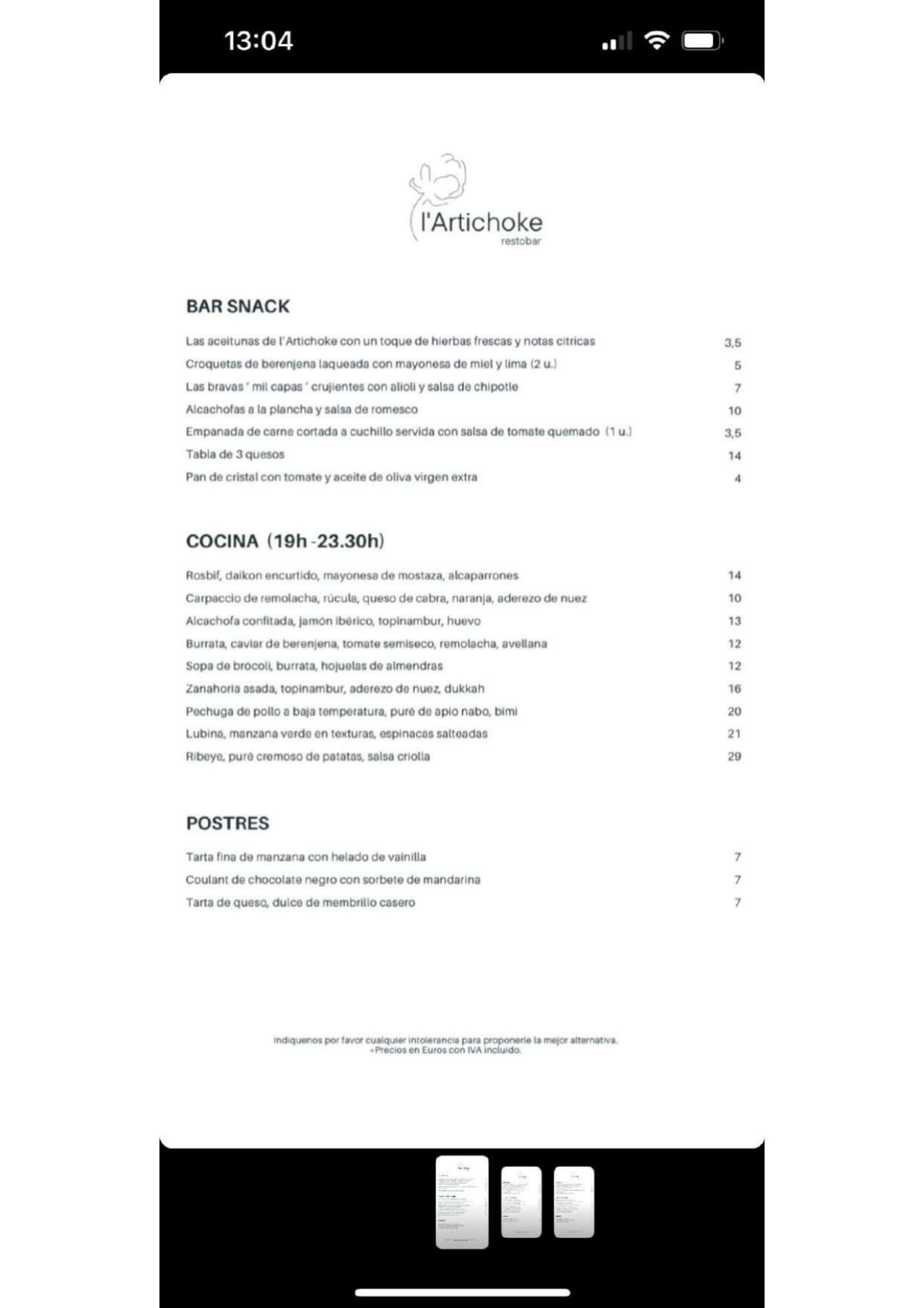 Artichoke menu