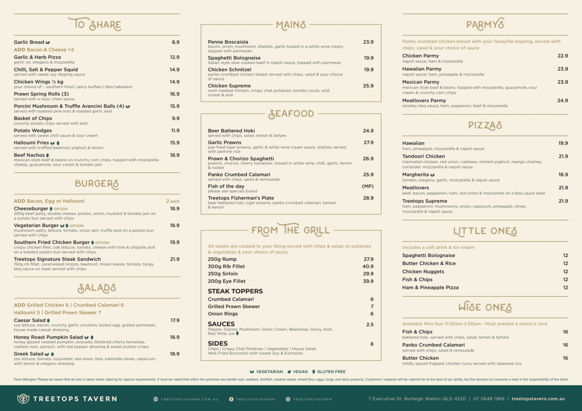 Carte et Menus 2024 Treetops Tavern à Burleigh Waters TheFork