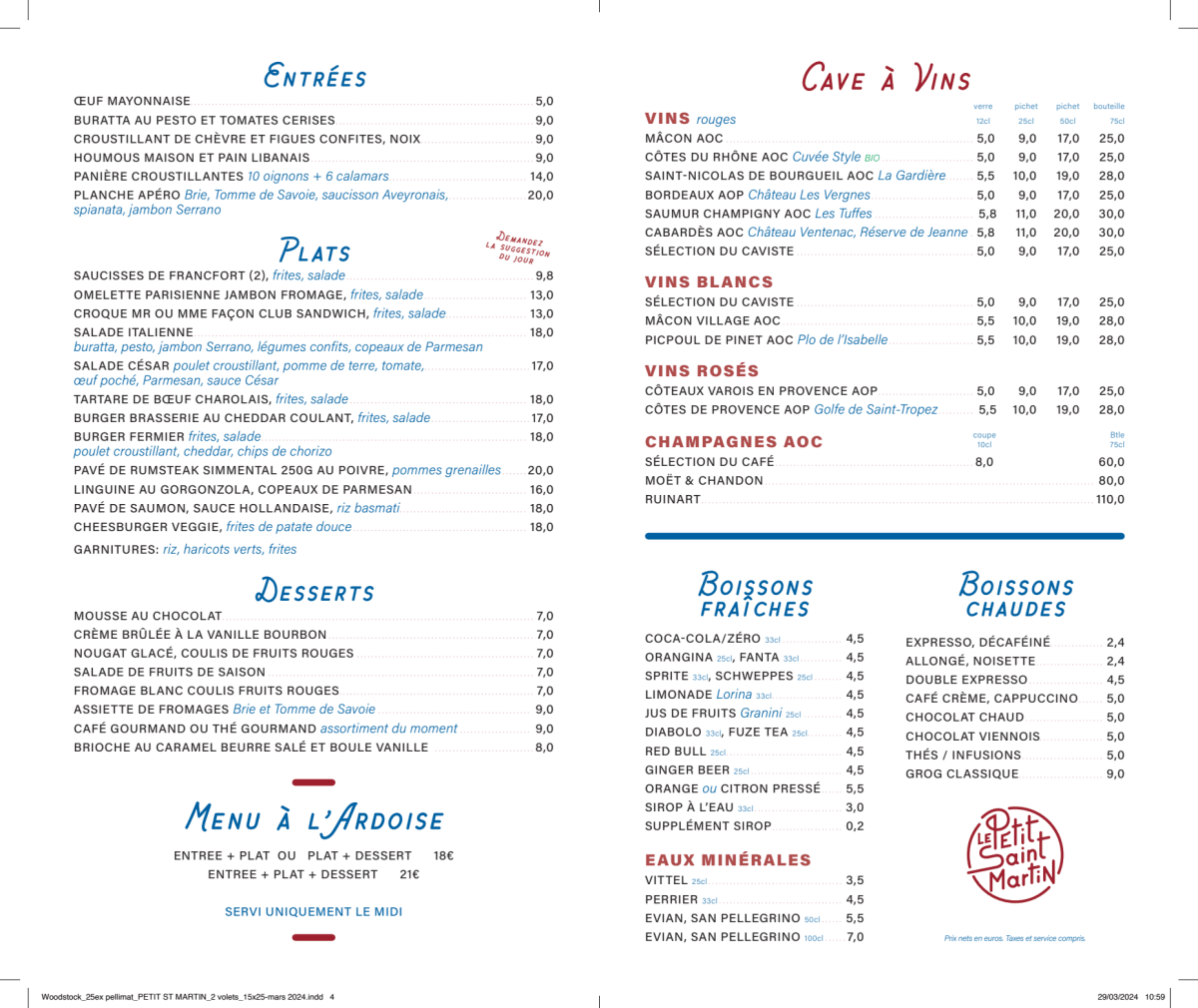 Le Petit Saint Martin menu