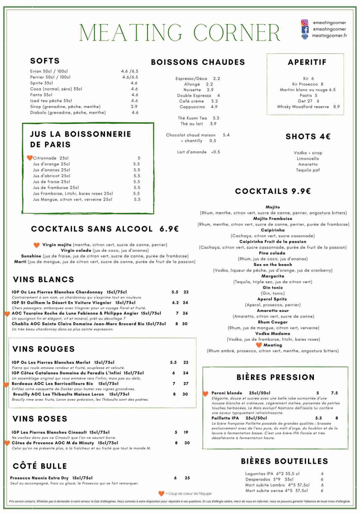 Carte et Menus 2023 Meating Corner Madeleine à Paris TheFork