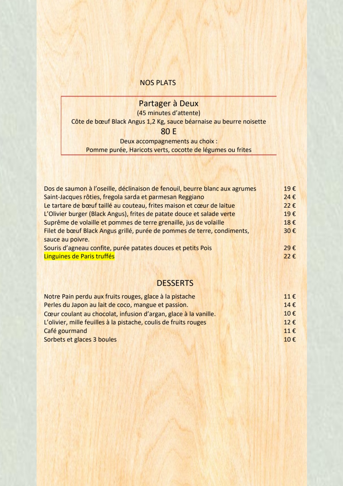 L'OLIVIER menu