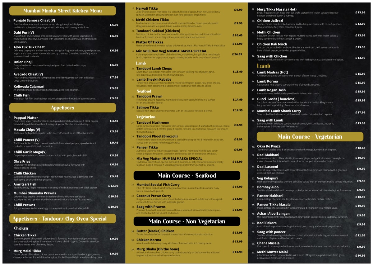 Menus 2023 Mumbai Maska Indian Restaurant Lion Quays in Oswestry