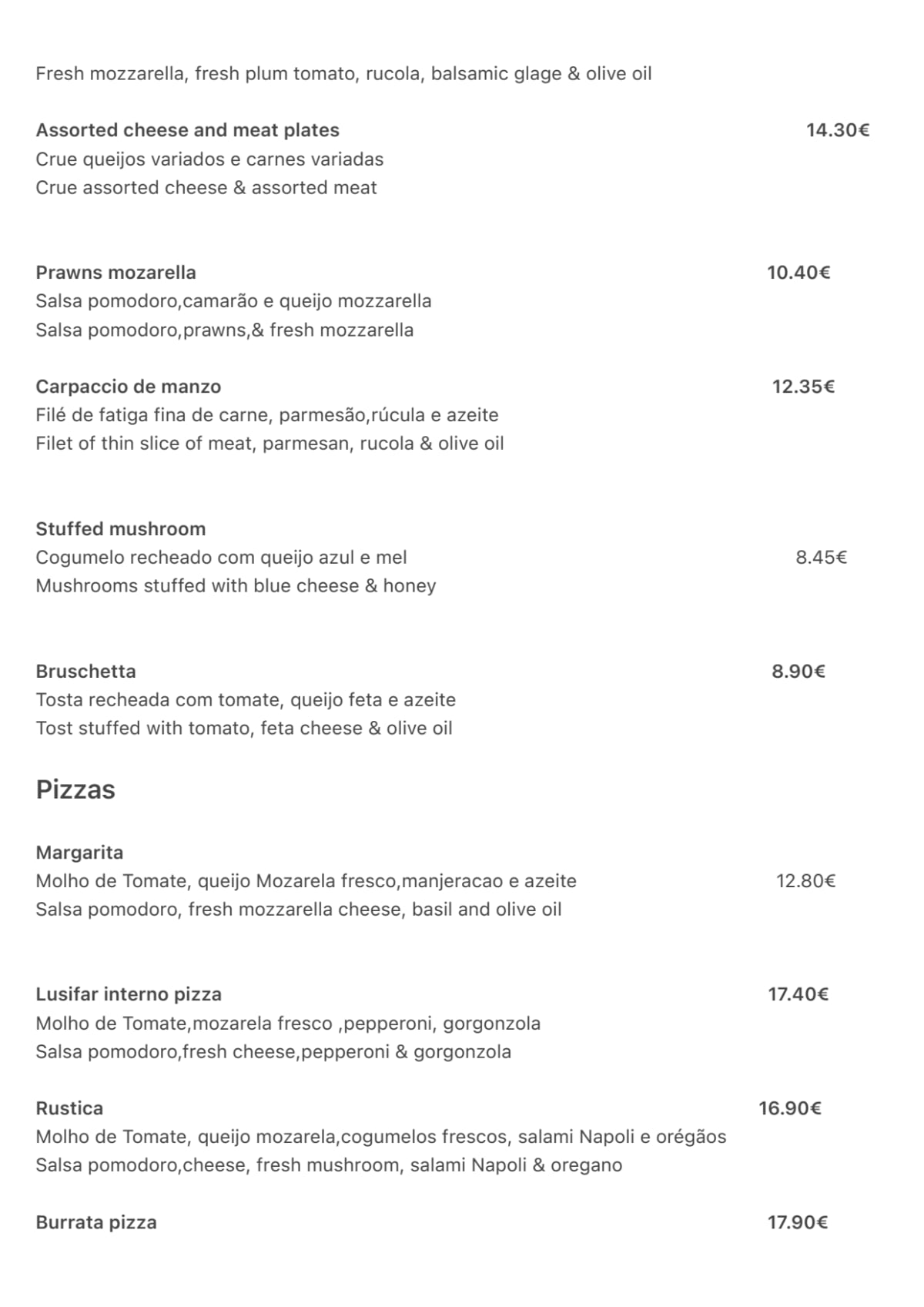 Pizza Mia Restaurant & Bar menu