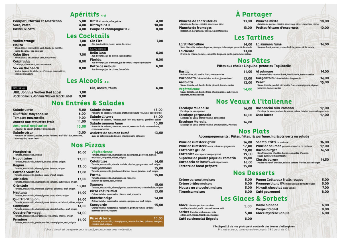 Torre di Pizza menu