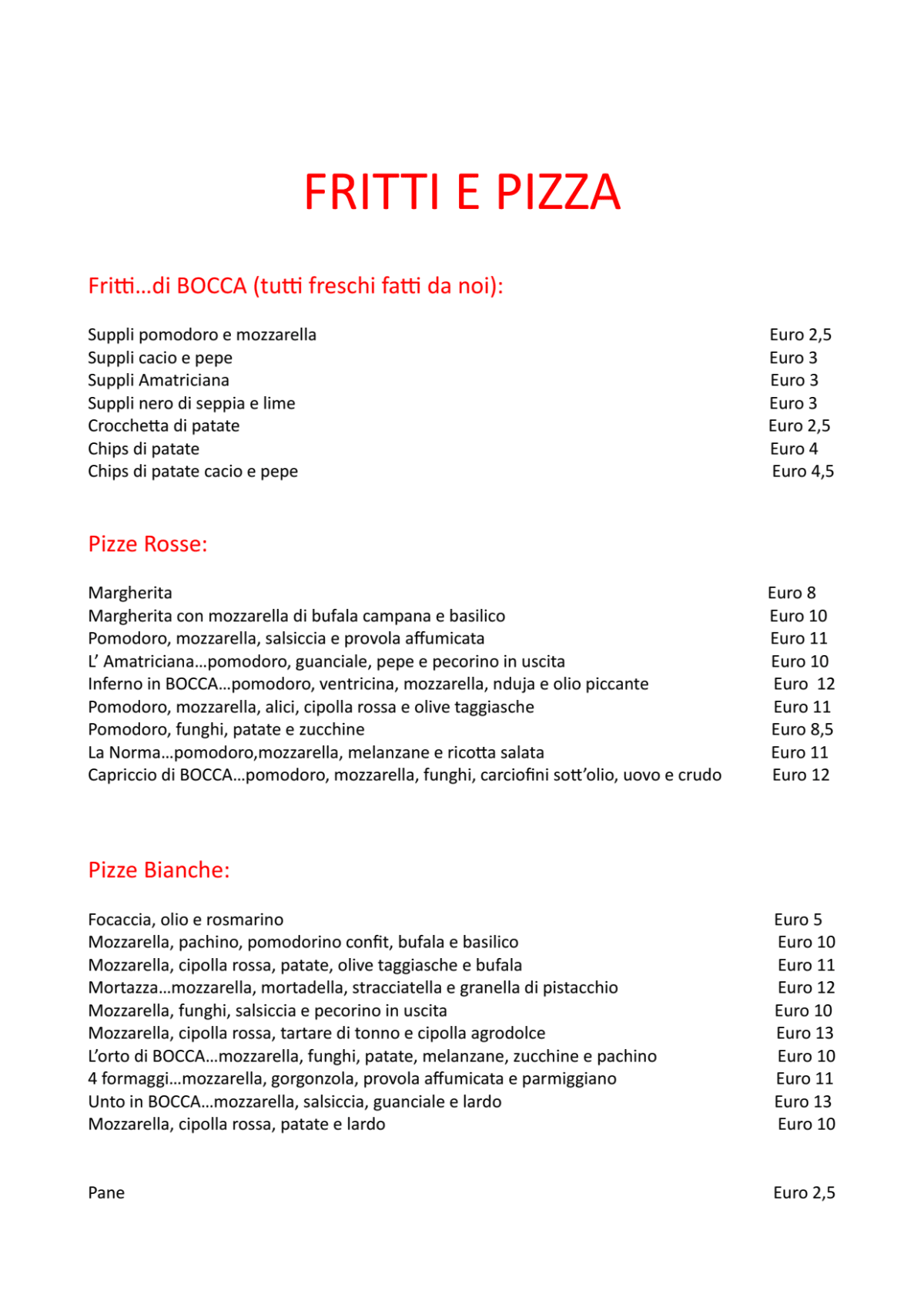 Bocca menu