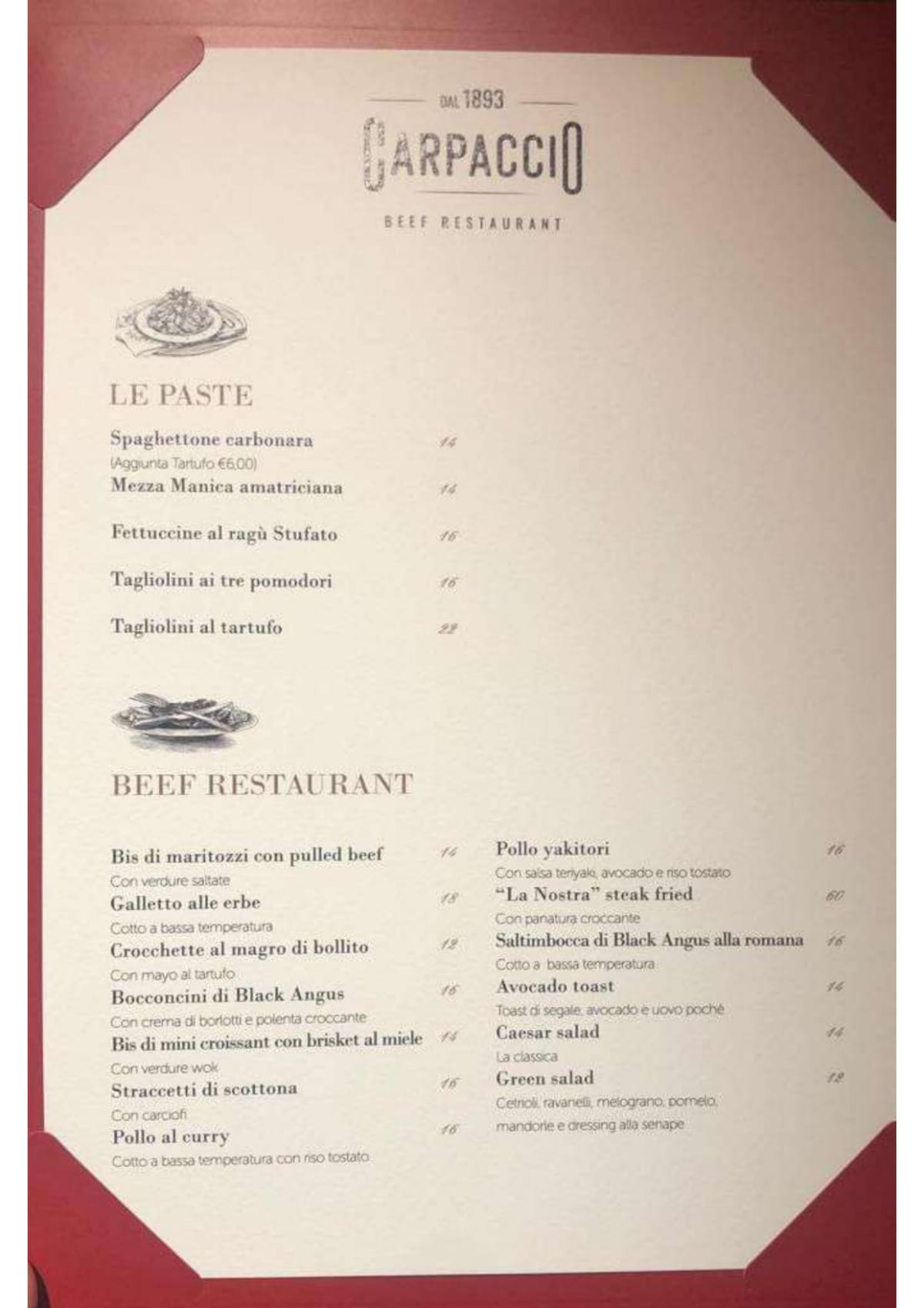 Carpaccio Beef Restaurant menu