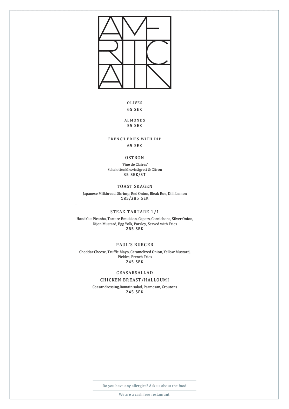 Haymarket Americain menu