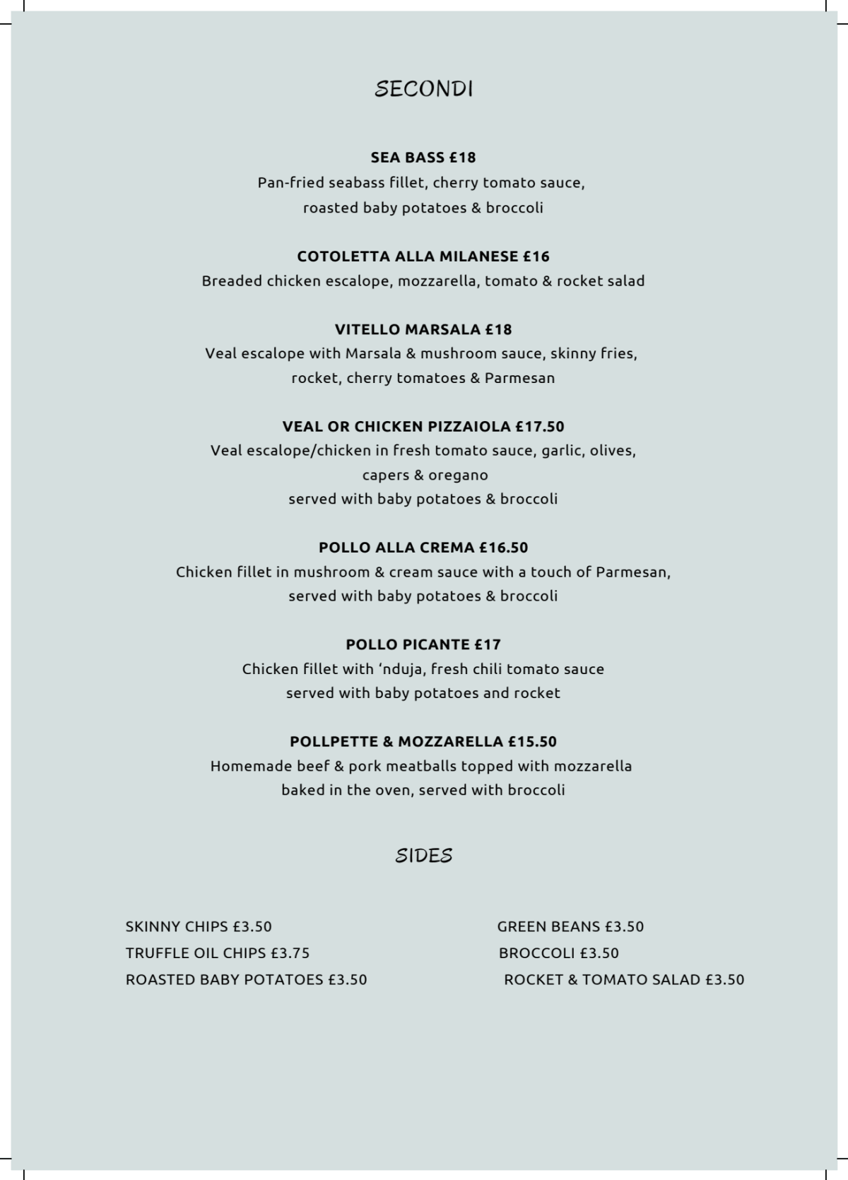 Carte et Menus 2024 Pecorino Italian Restaurant à Tunbridge Wells