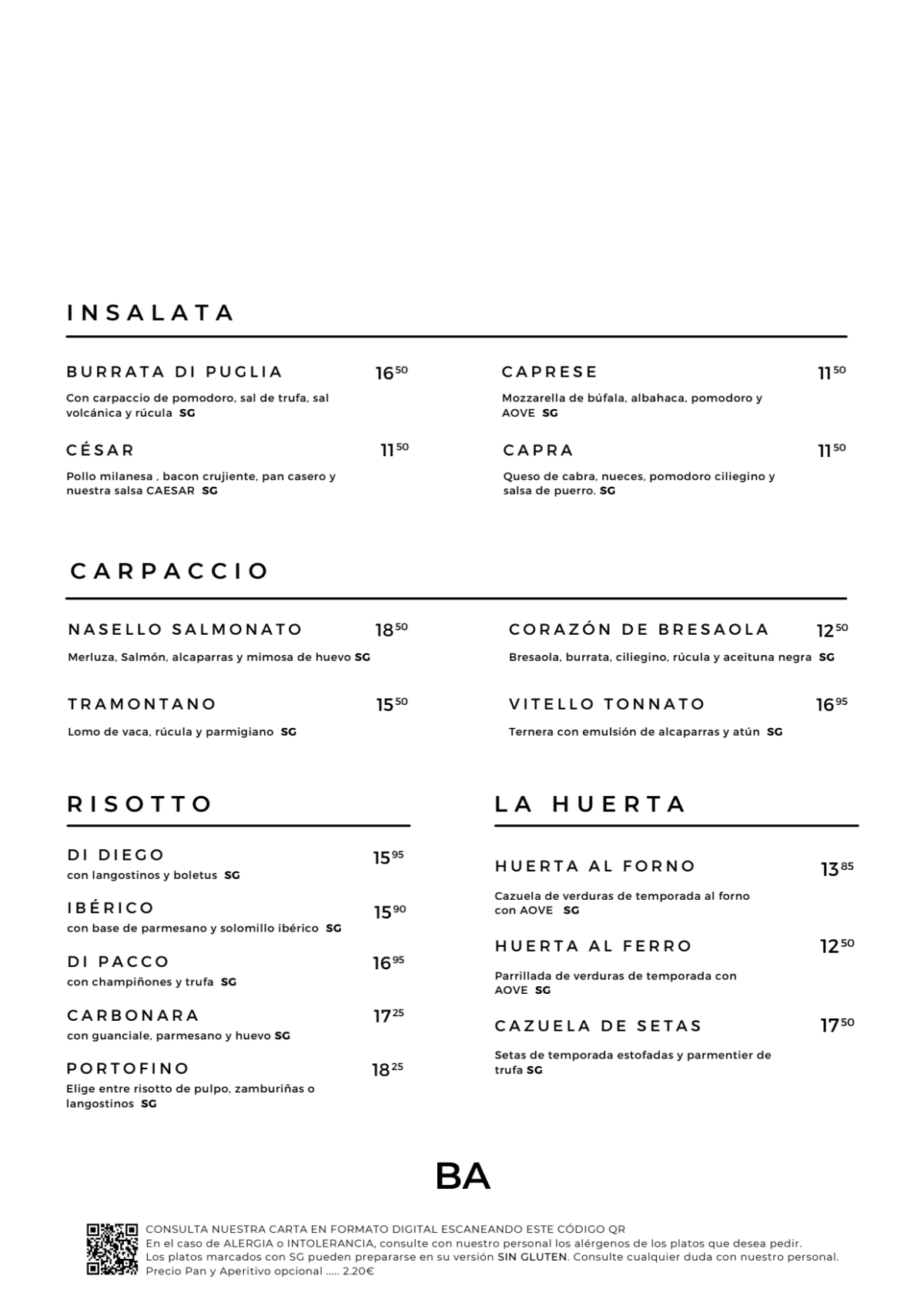 La Bella Anna menu