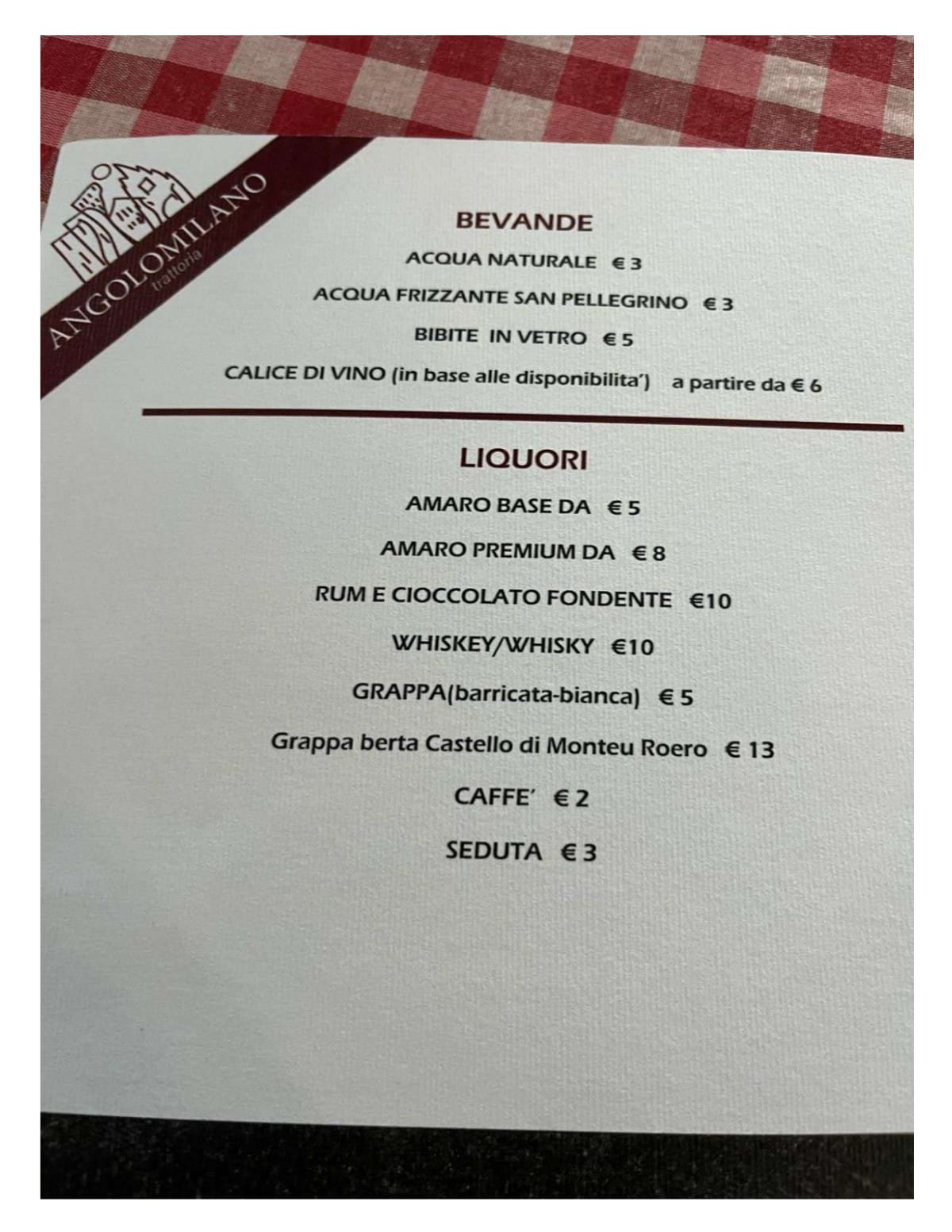 Angolo Milano menu