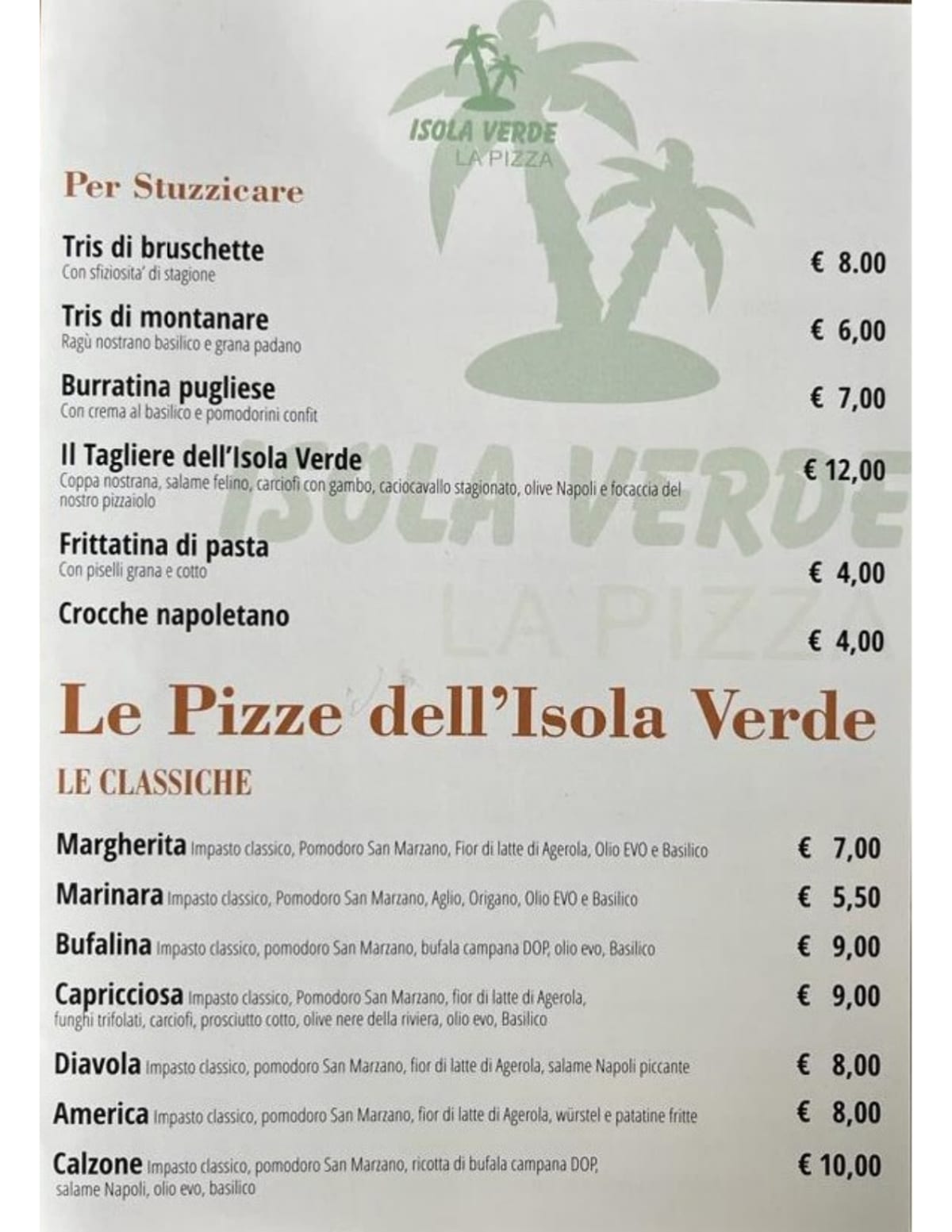Isola Verde menu