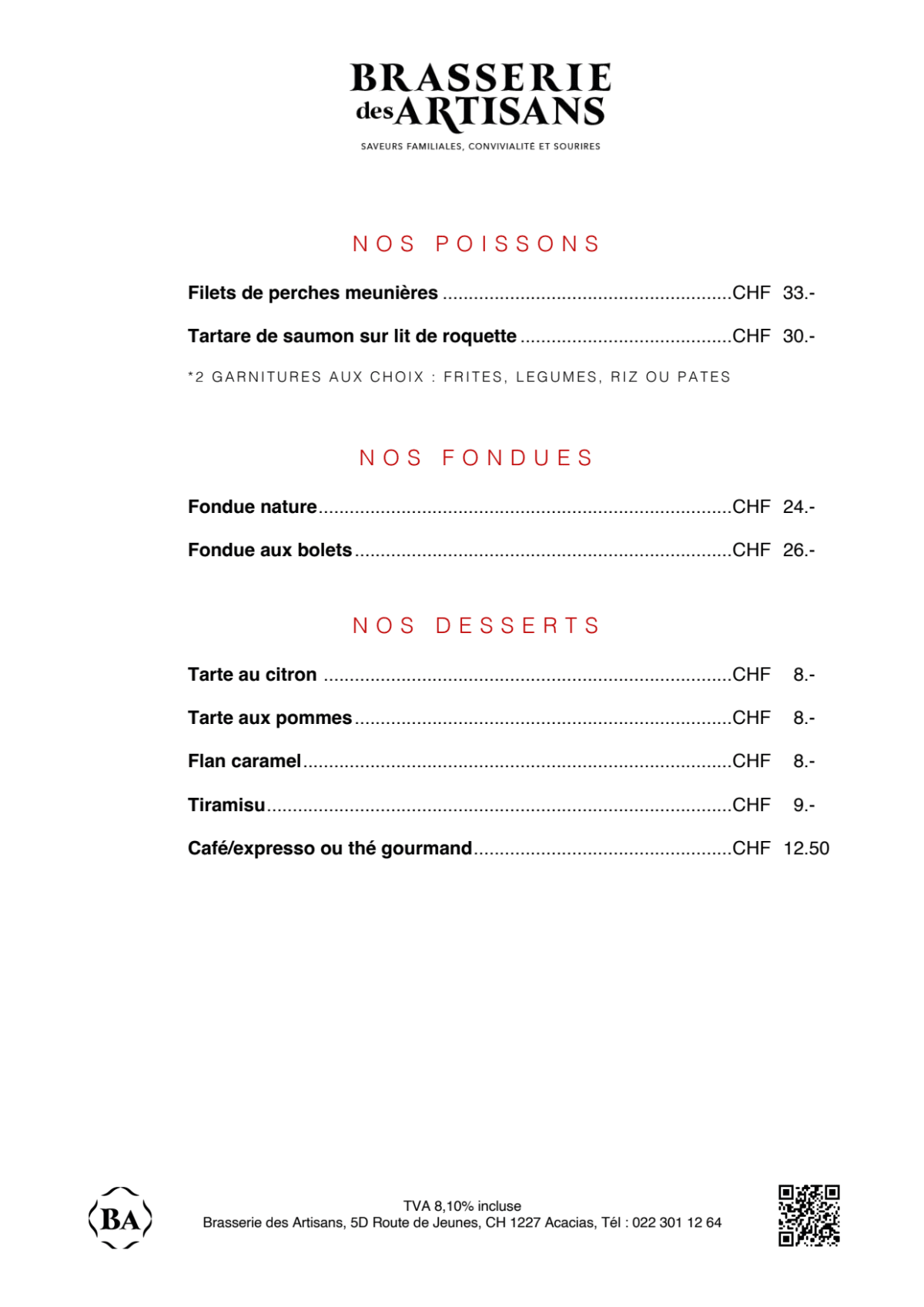 Brasserie des Artisans menu