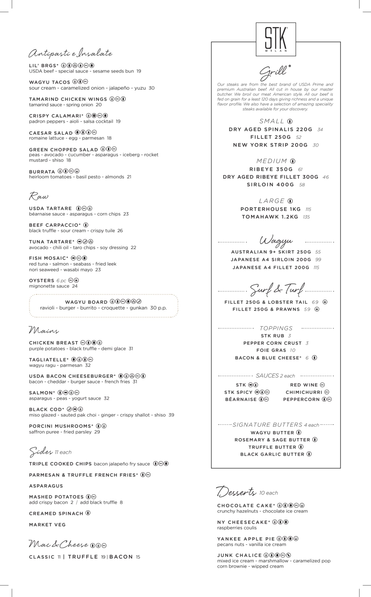 STK Milan menu