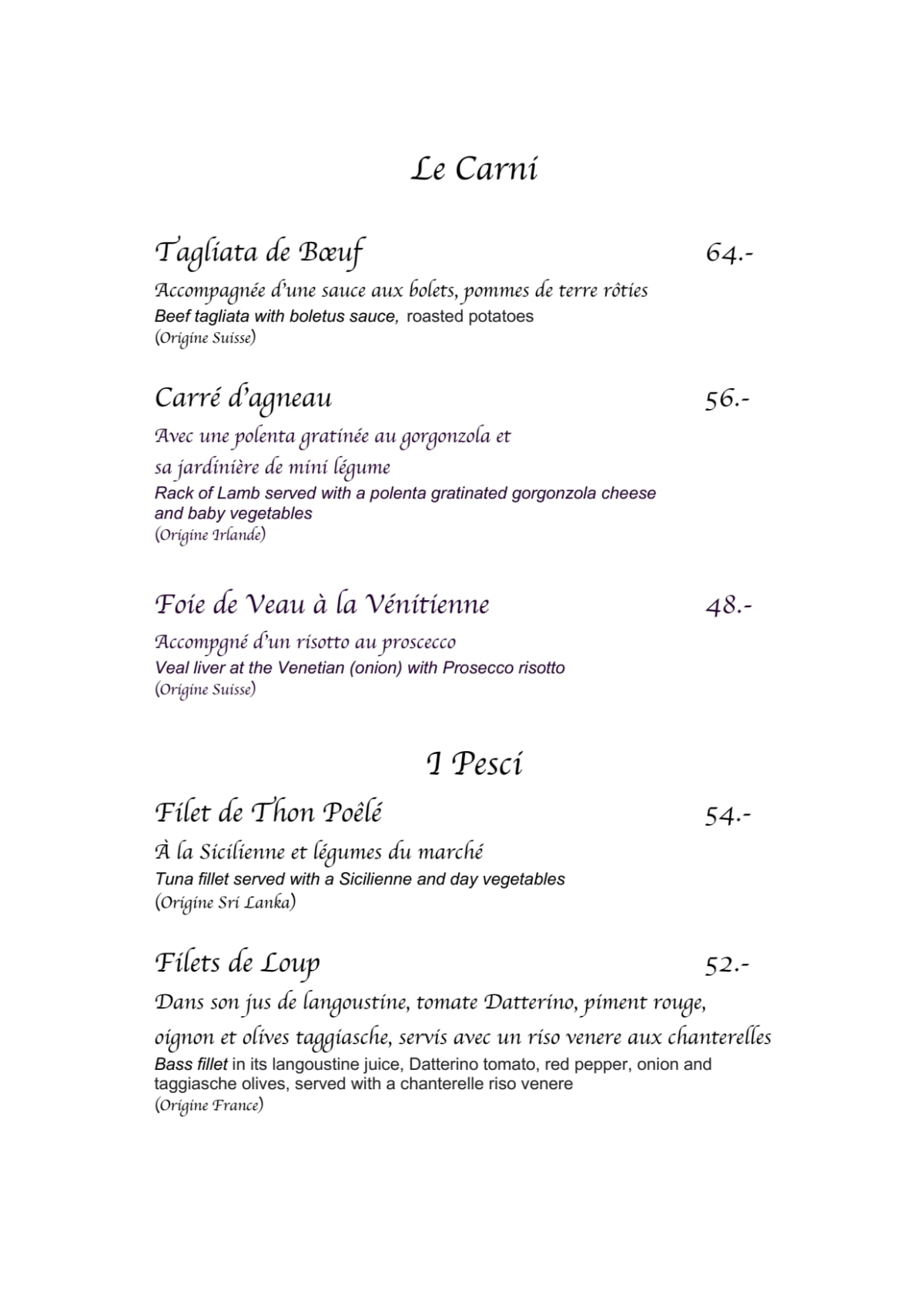 La Finestra menu