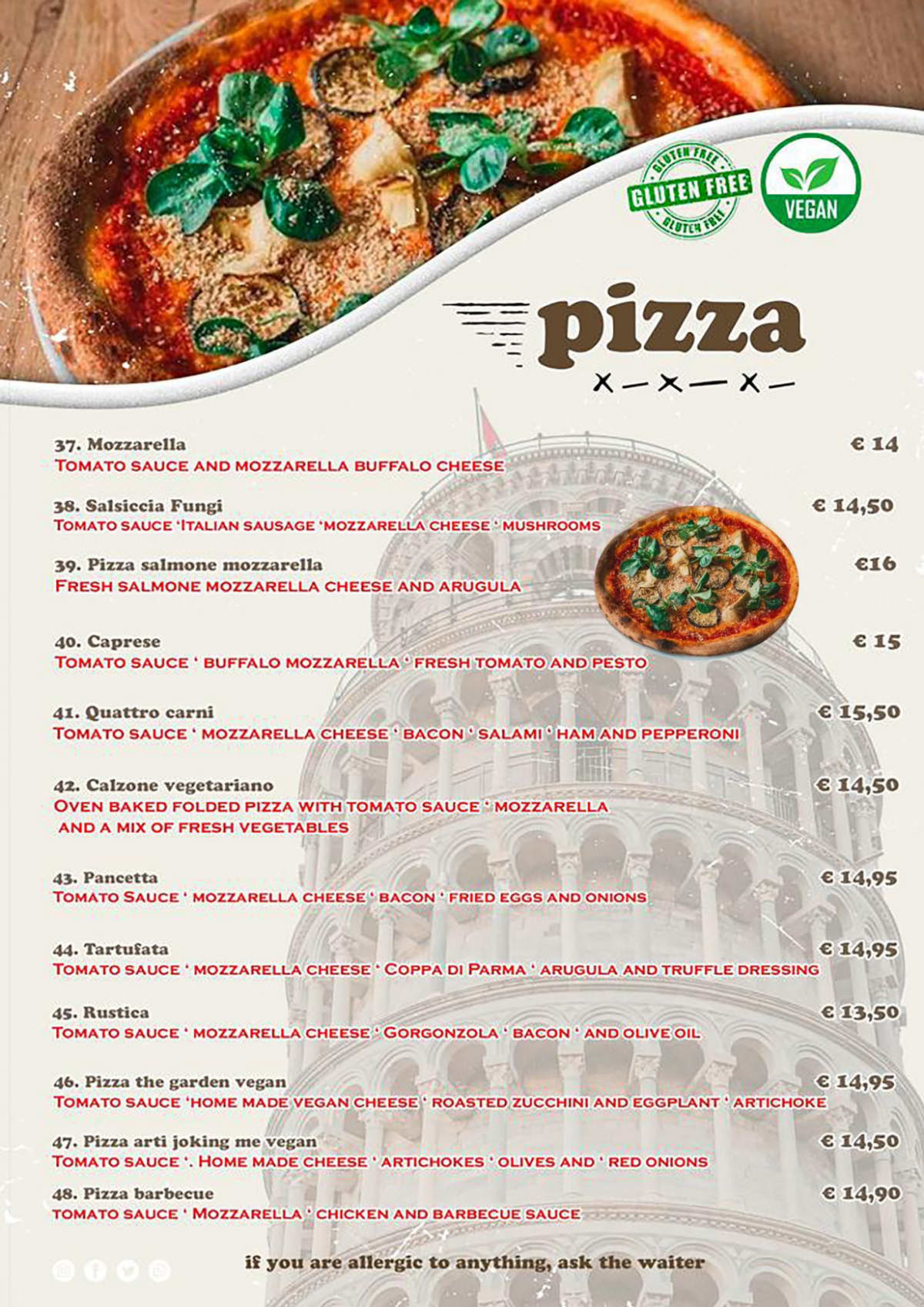 Gusto Italian menu