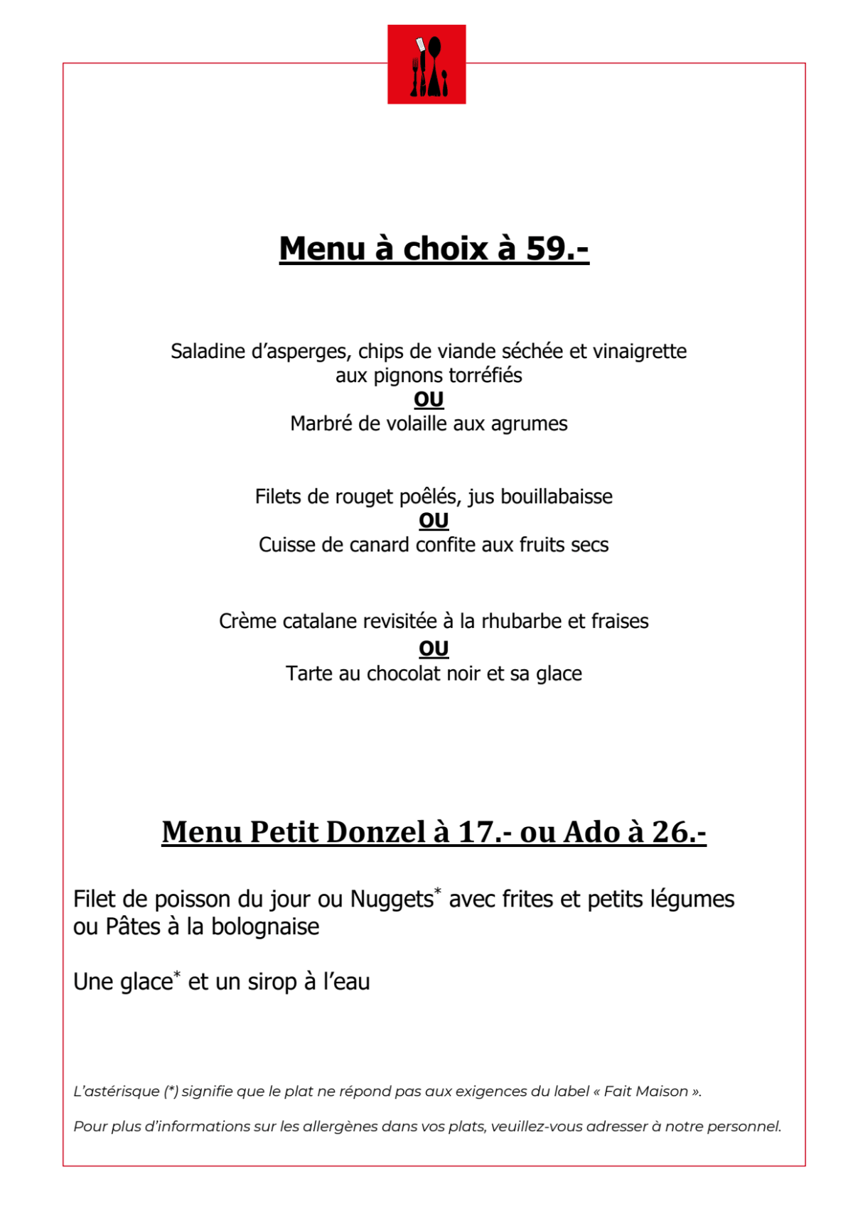 Auberge Communale du Grand Donzel menu