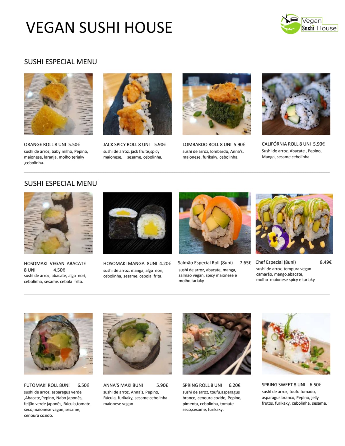 Vegan Sushi House menu