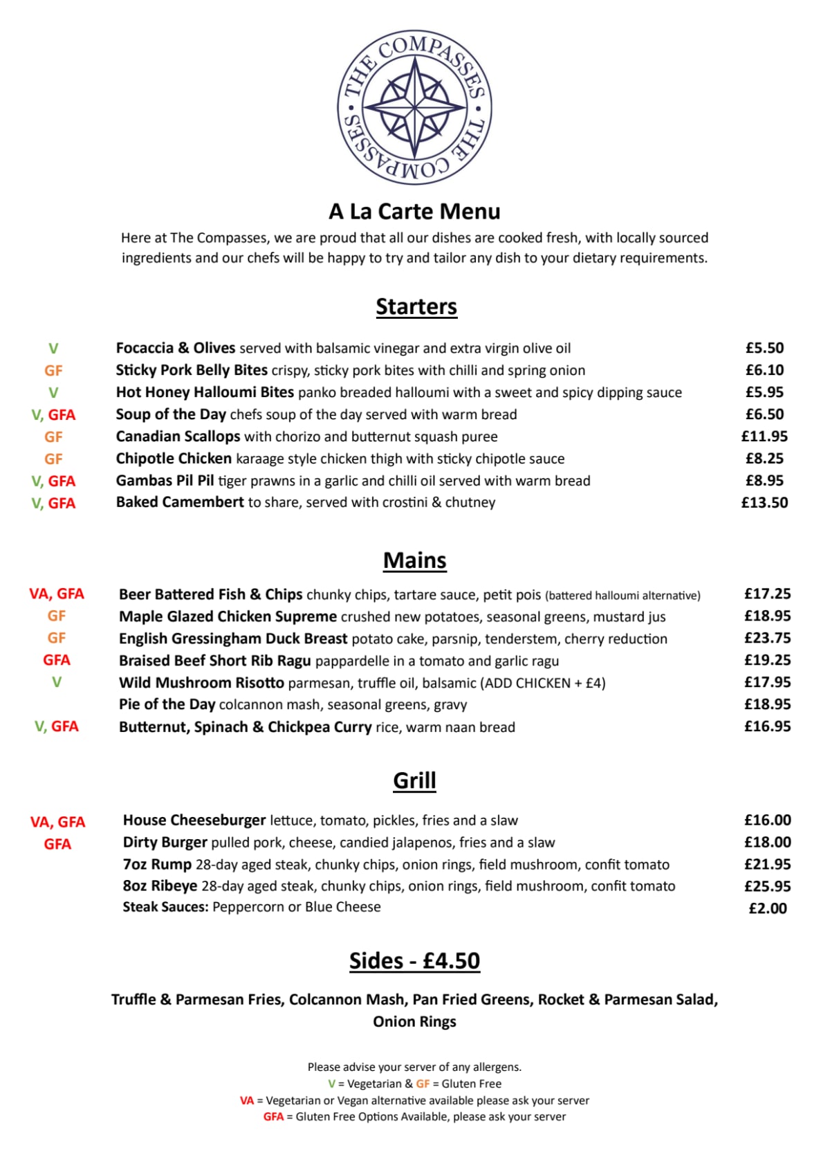 Carte et Menus 2024 The Compasses à Bedford TheFork