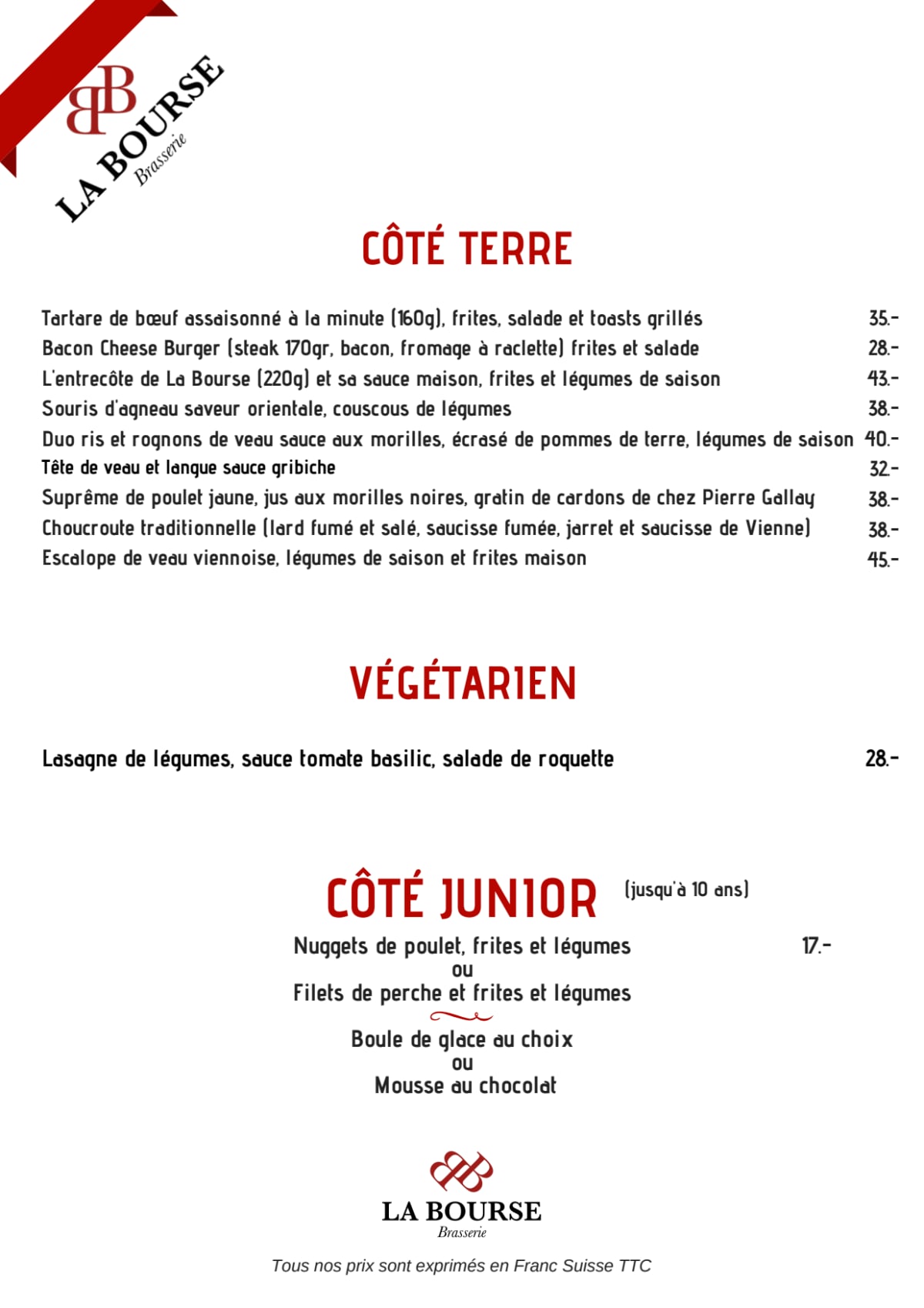 La Bourse menu