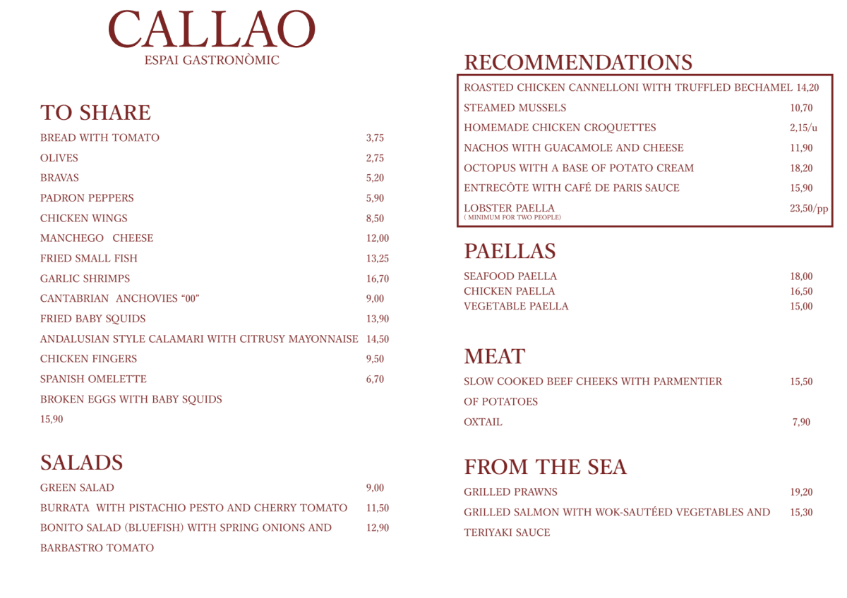 Callao Espai Gastronomic menu