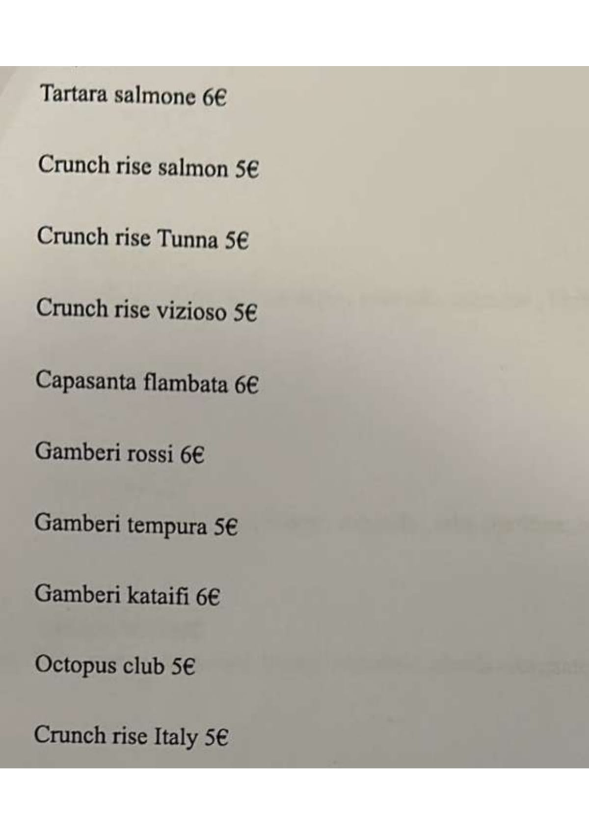 The Club Sushi menu