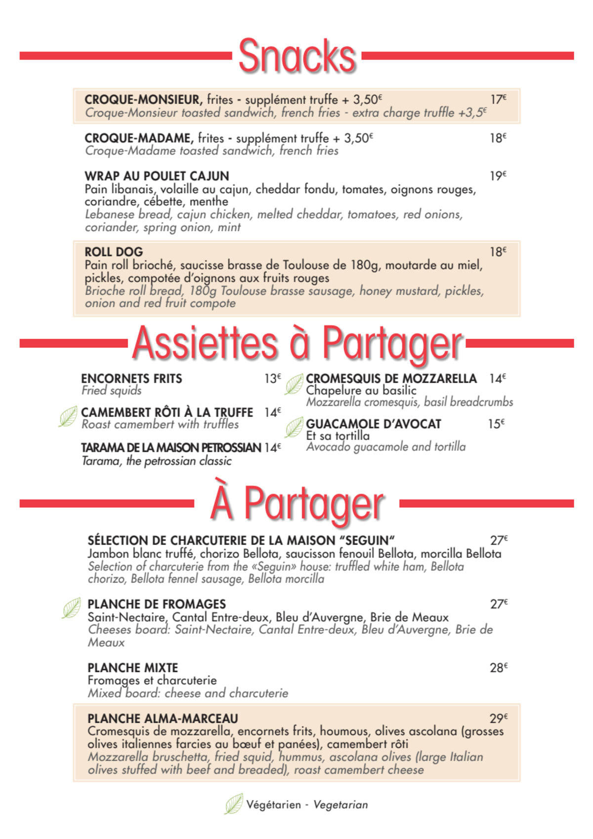 Le Marceau menu